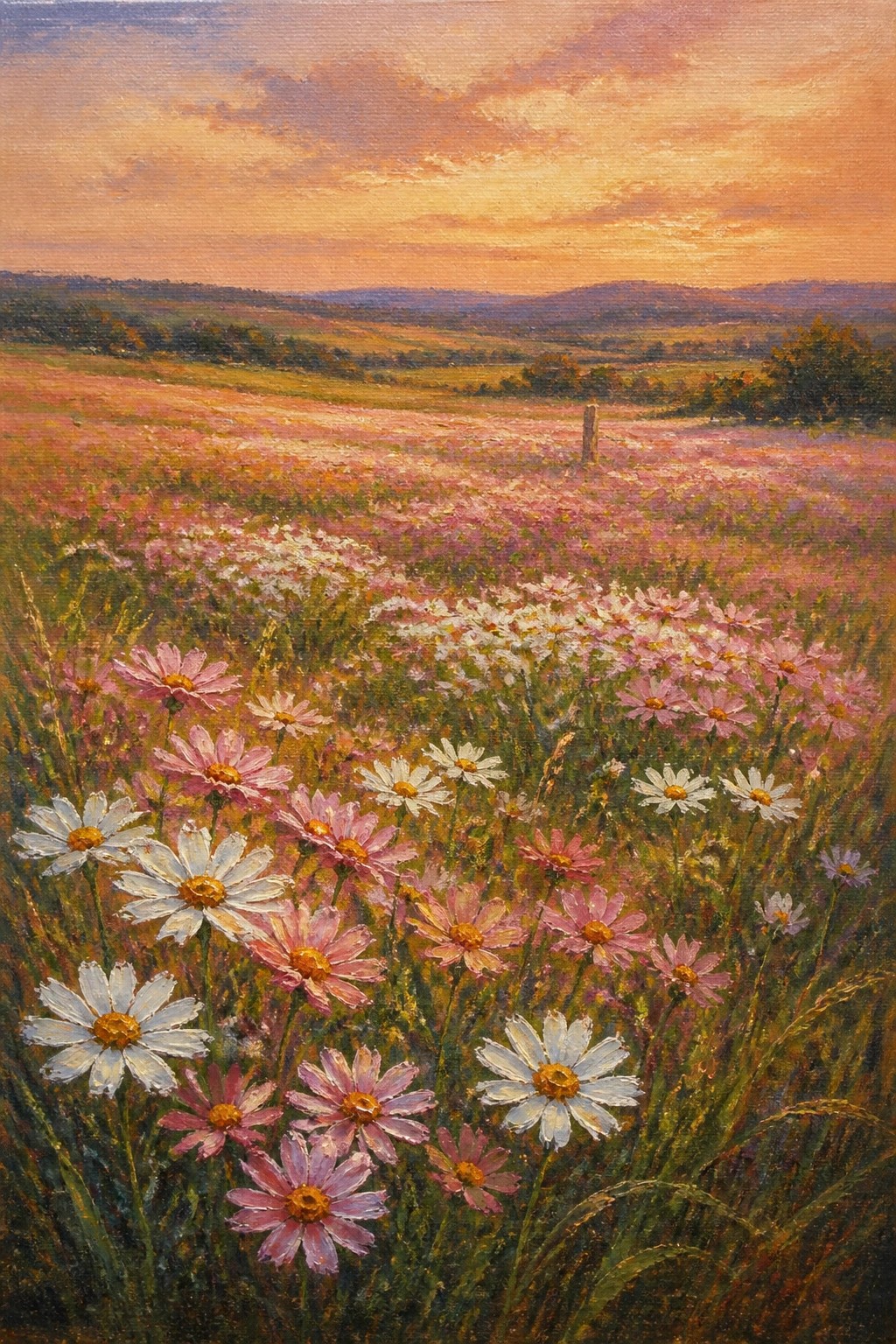 Field of pink and white daisies under vibrant orange sunset sky with hills