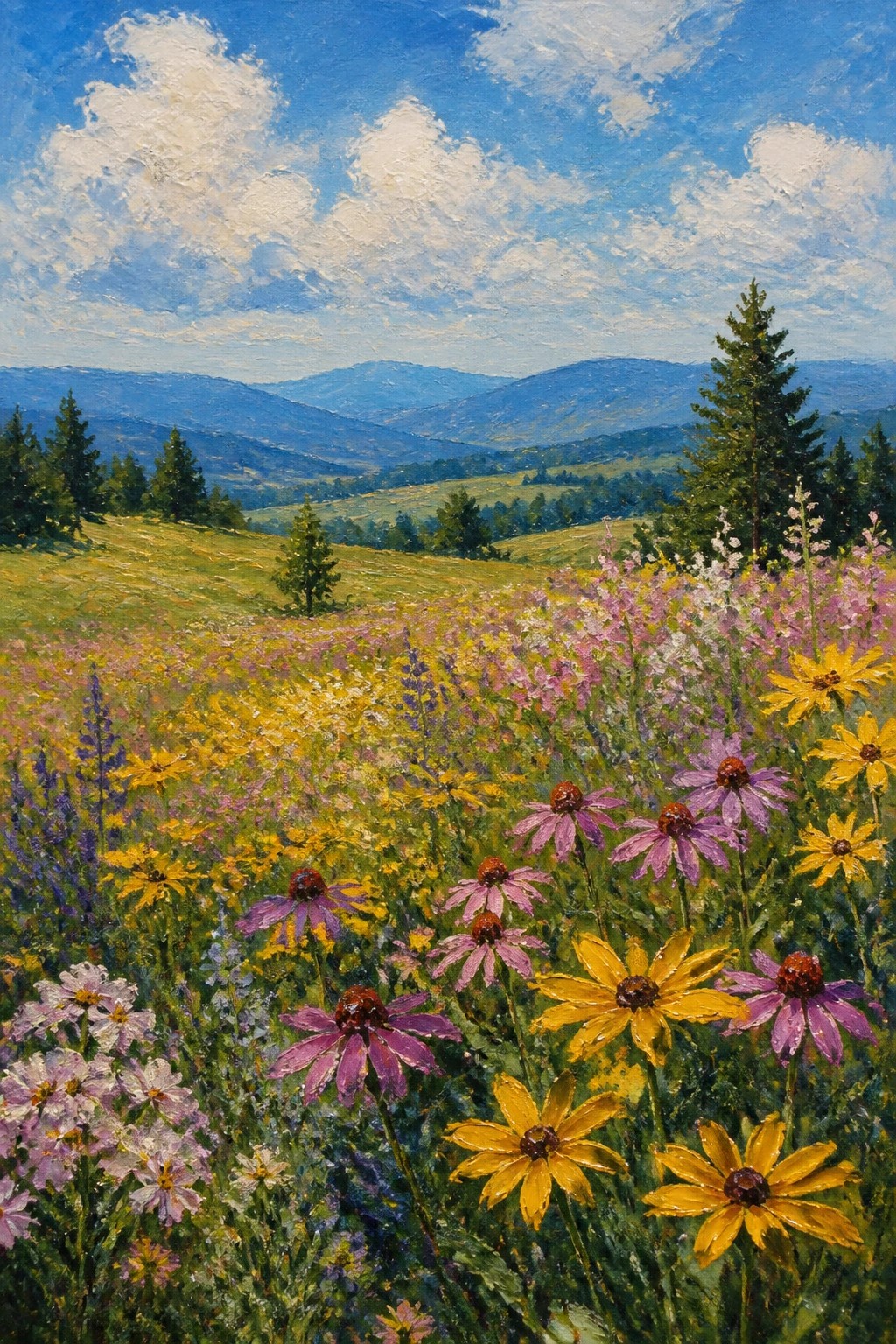 An oil painting of a colorful wildflower meadow with yellow and purple flowers in front, green hills, and blue mountains under a bright sky with clouds.