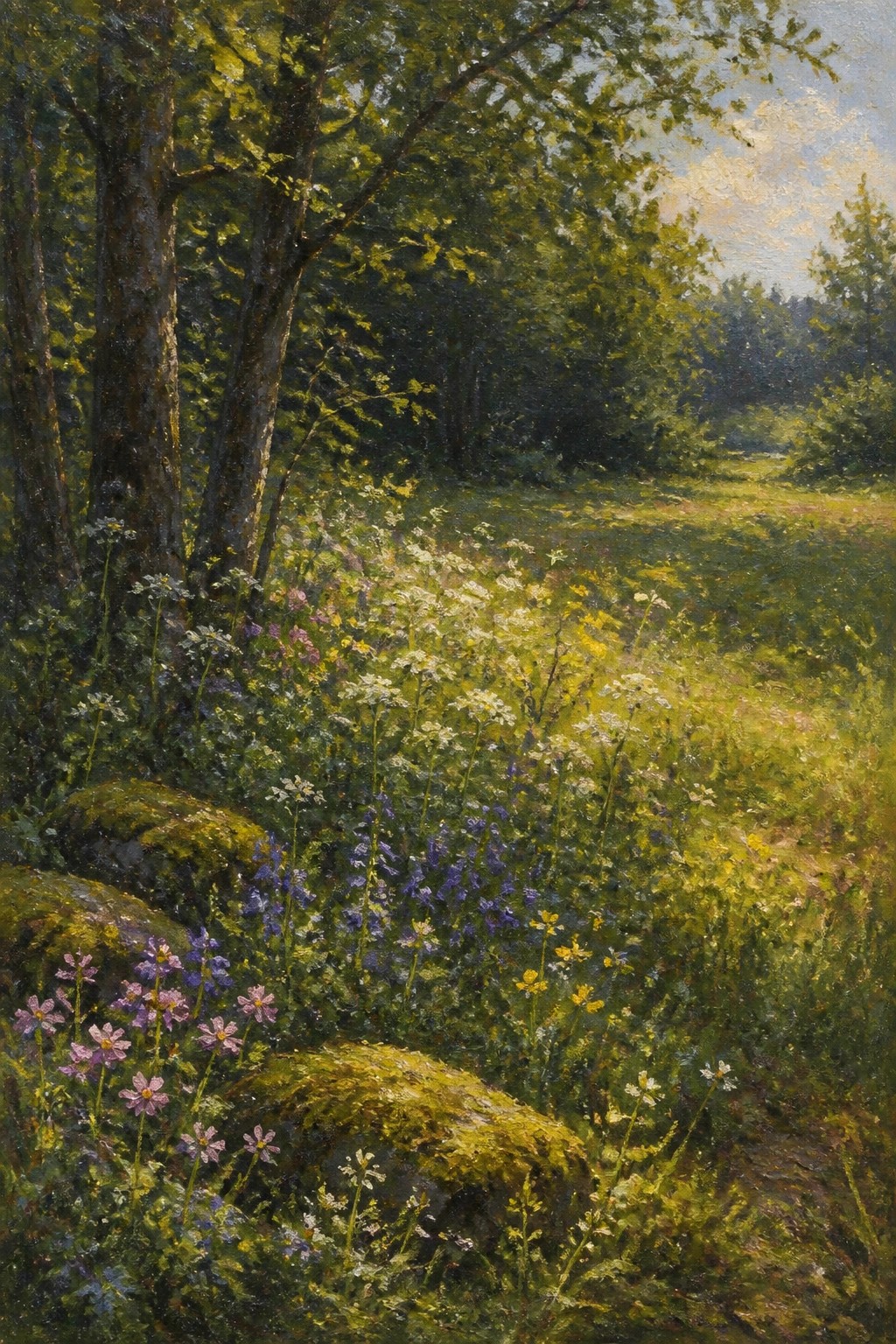 Sunlit forest meadow with colorful wildflowers, mossy rocks, and tall trees.