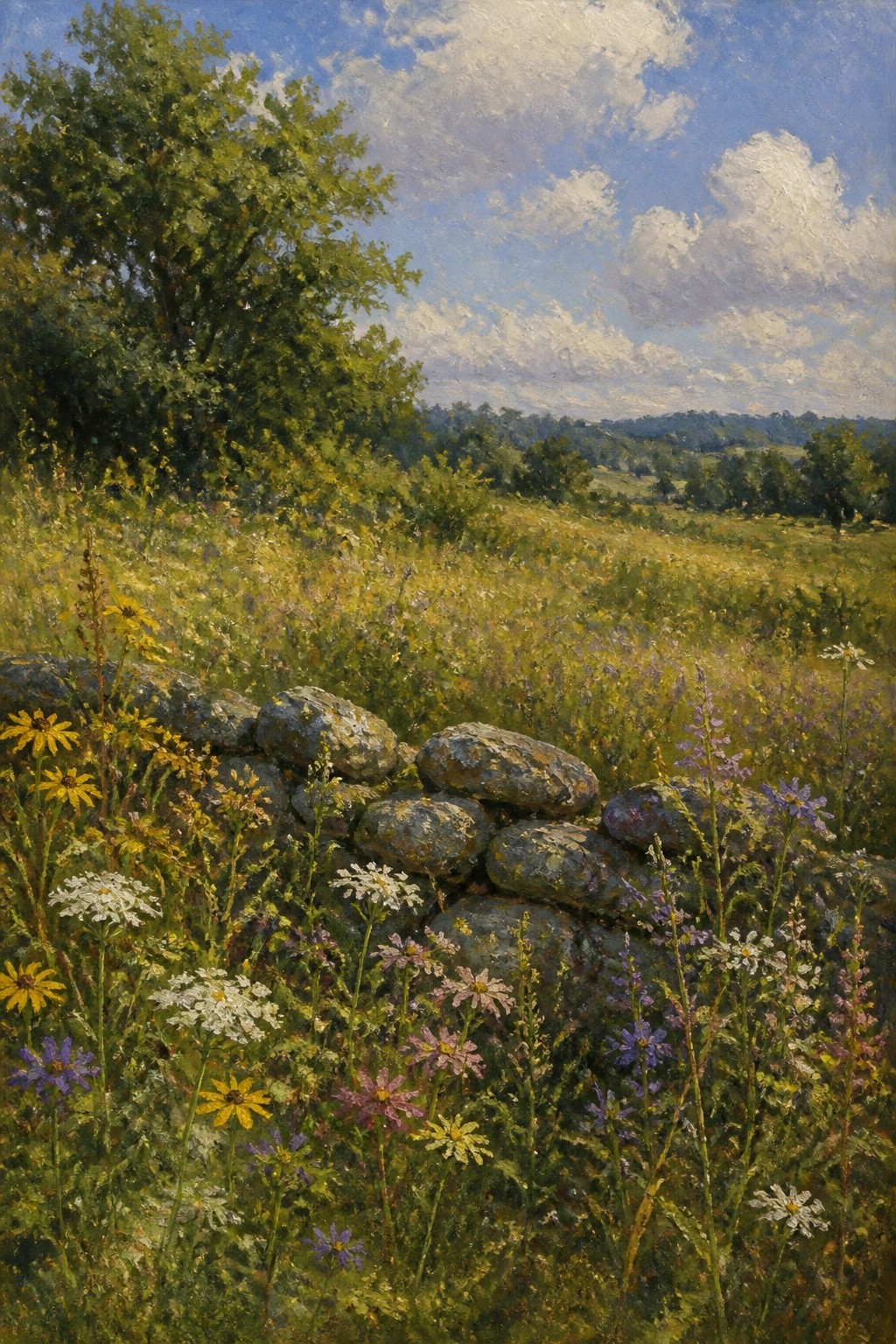 Oil painting of a stone wall in a meadow with colorful wildflowers, a tree on the left, and hills under a cloudy blue sky.