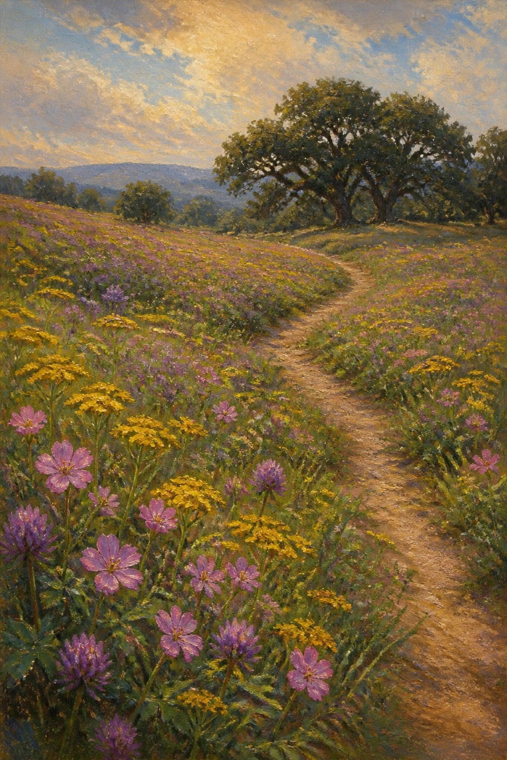 Winding dirt path through purple and yellow wildflowers toward oak trees on hill