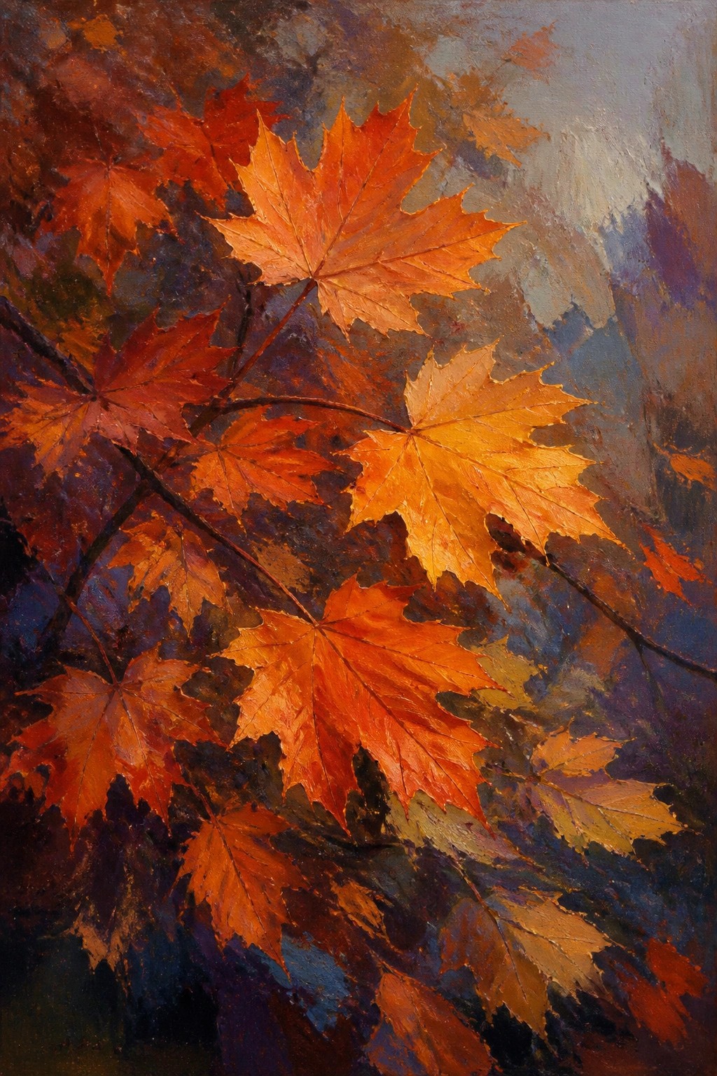 An oil painting of bright orange and red maple leaves on dark branches with a moody abstract background.