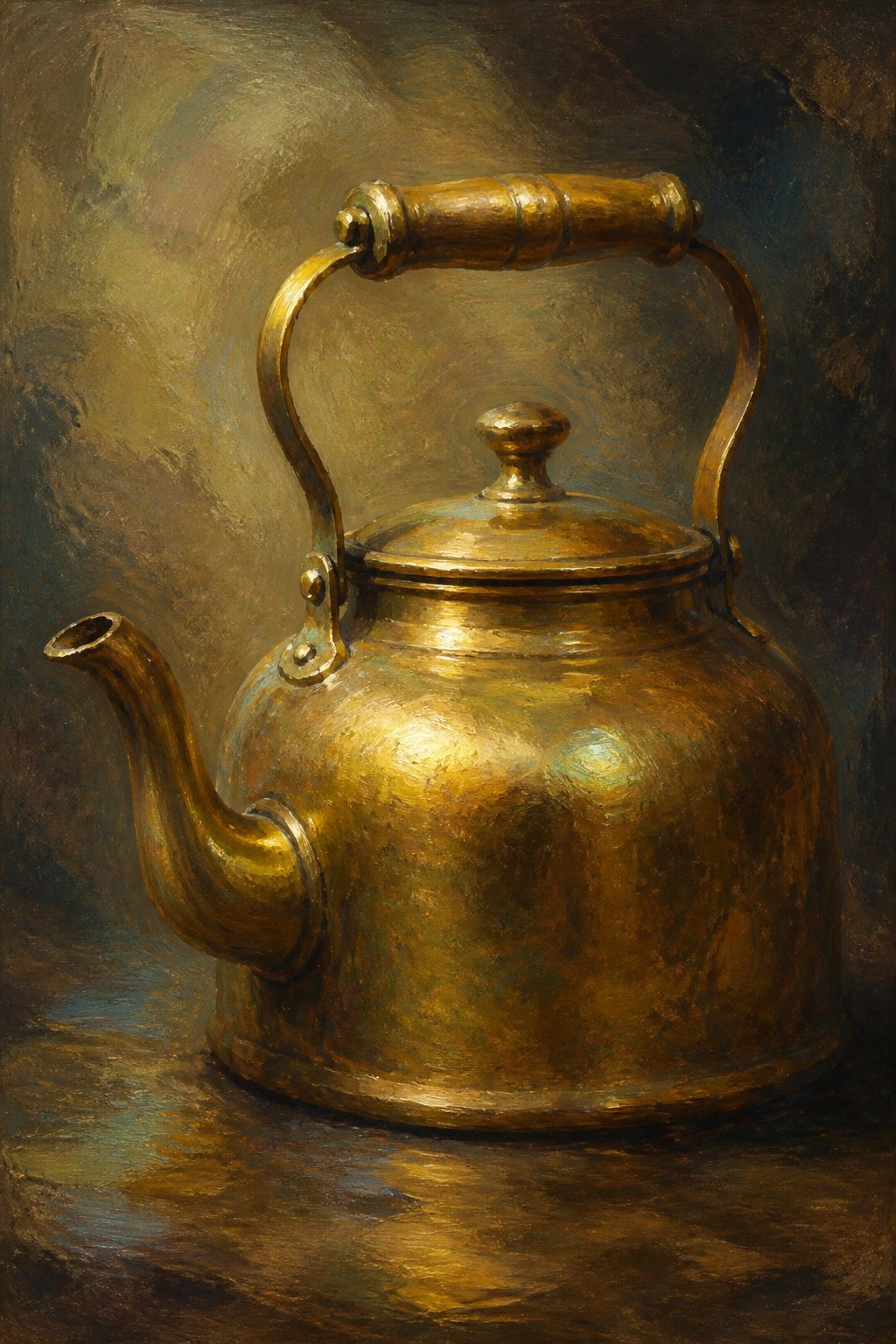 Shining brass kettle with wooden handle, lid, and curved spout on dark background