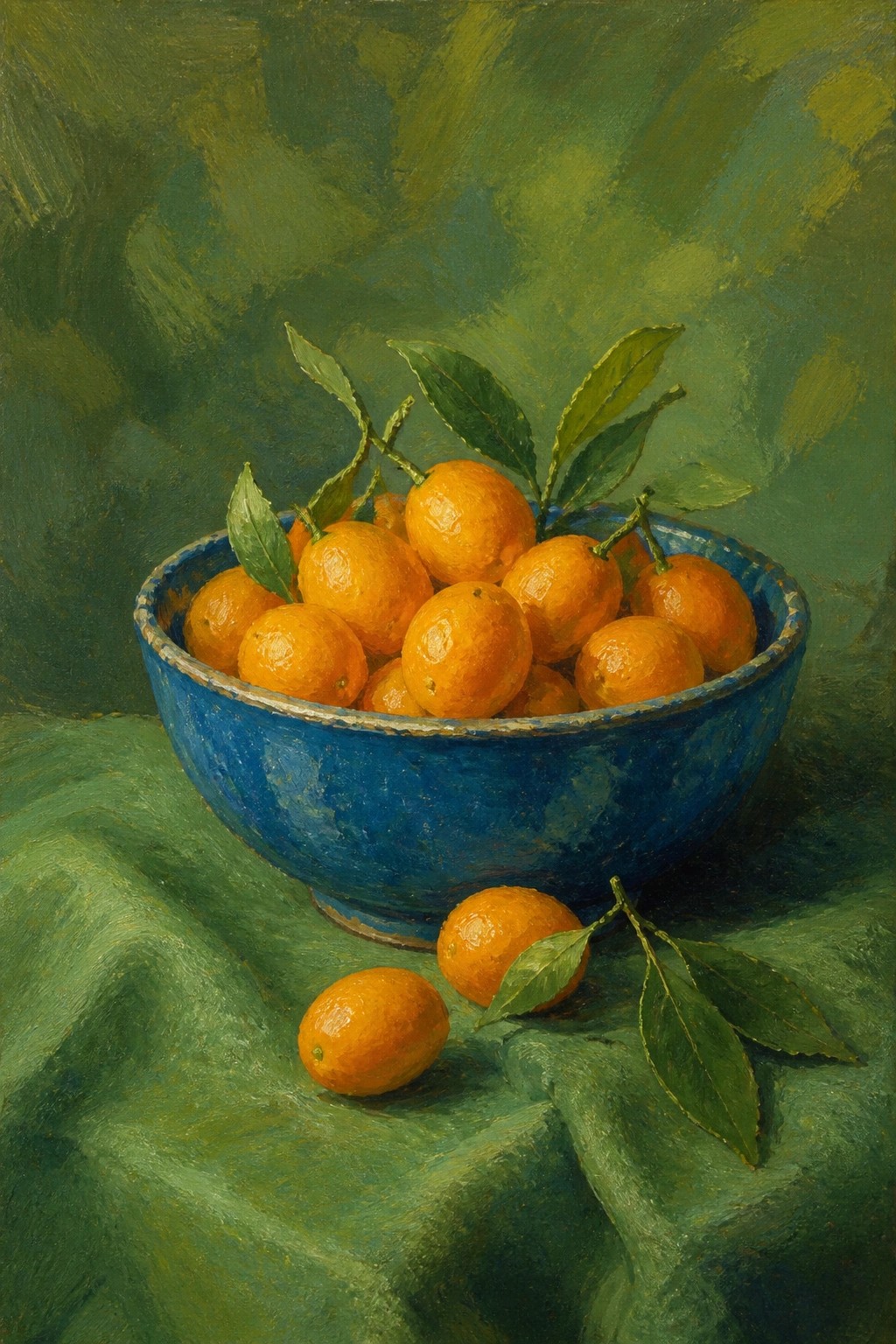 Blue bowl brimming with oranges and leaves on green draped cloth.