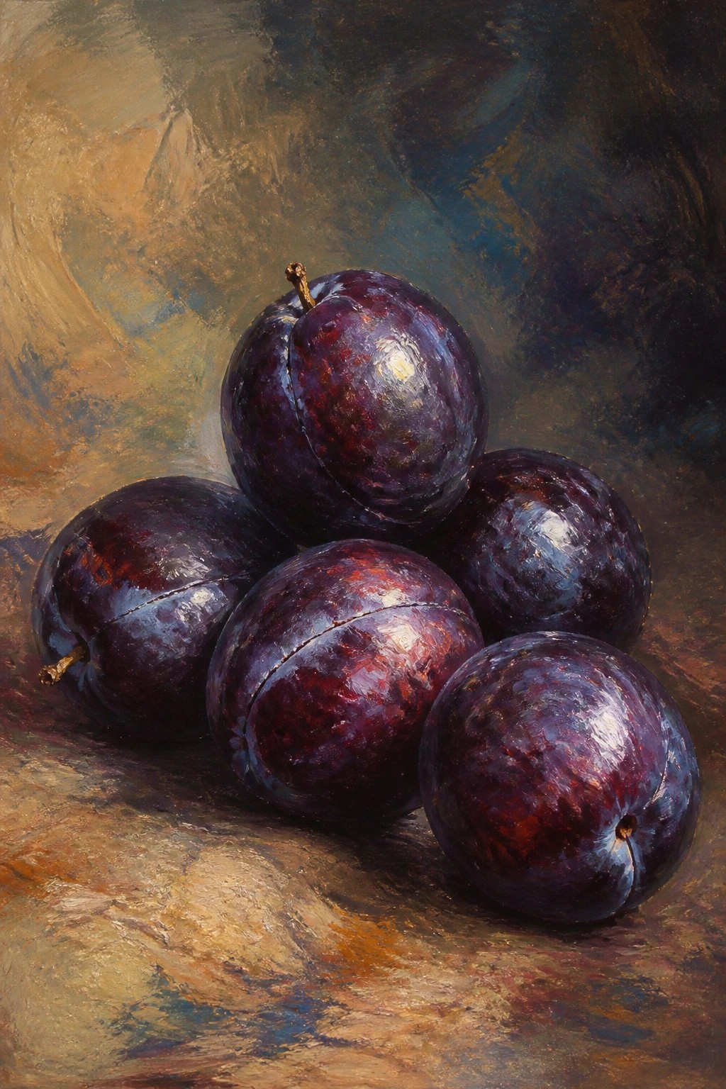 Still life oil painting of glossy dark purple plums on textured surface