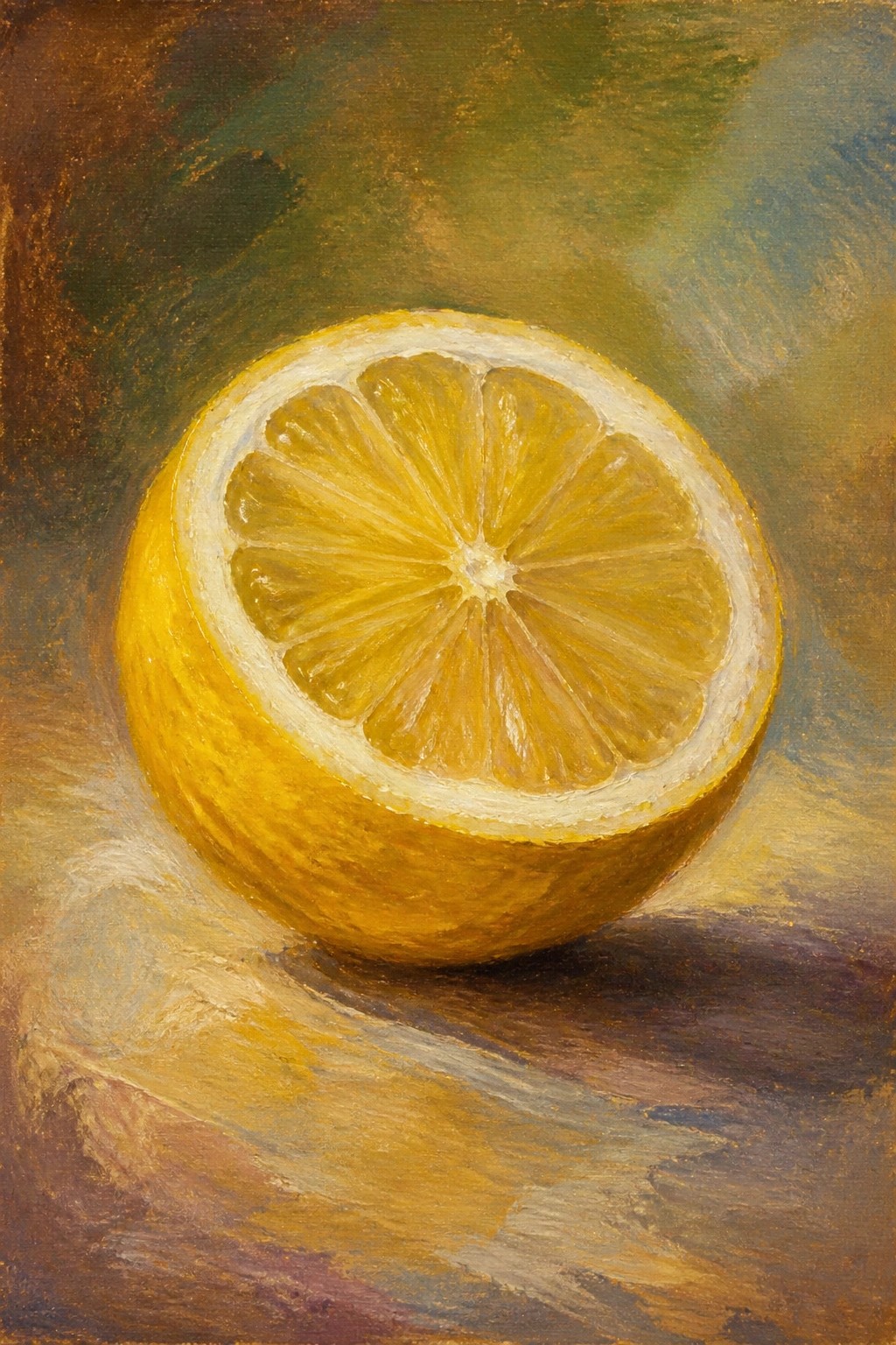 Oil painting of a halved yellow lemon with juicy segments on a textured surface.