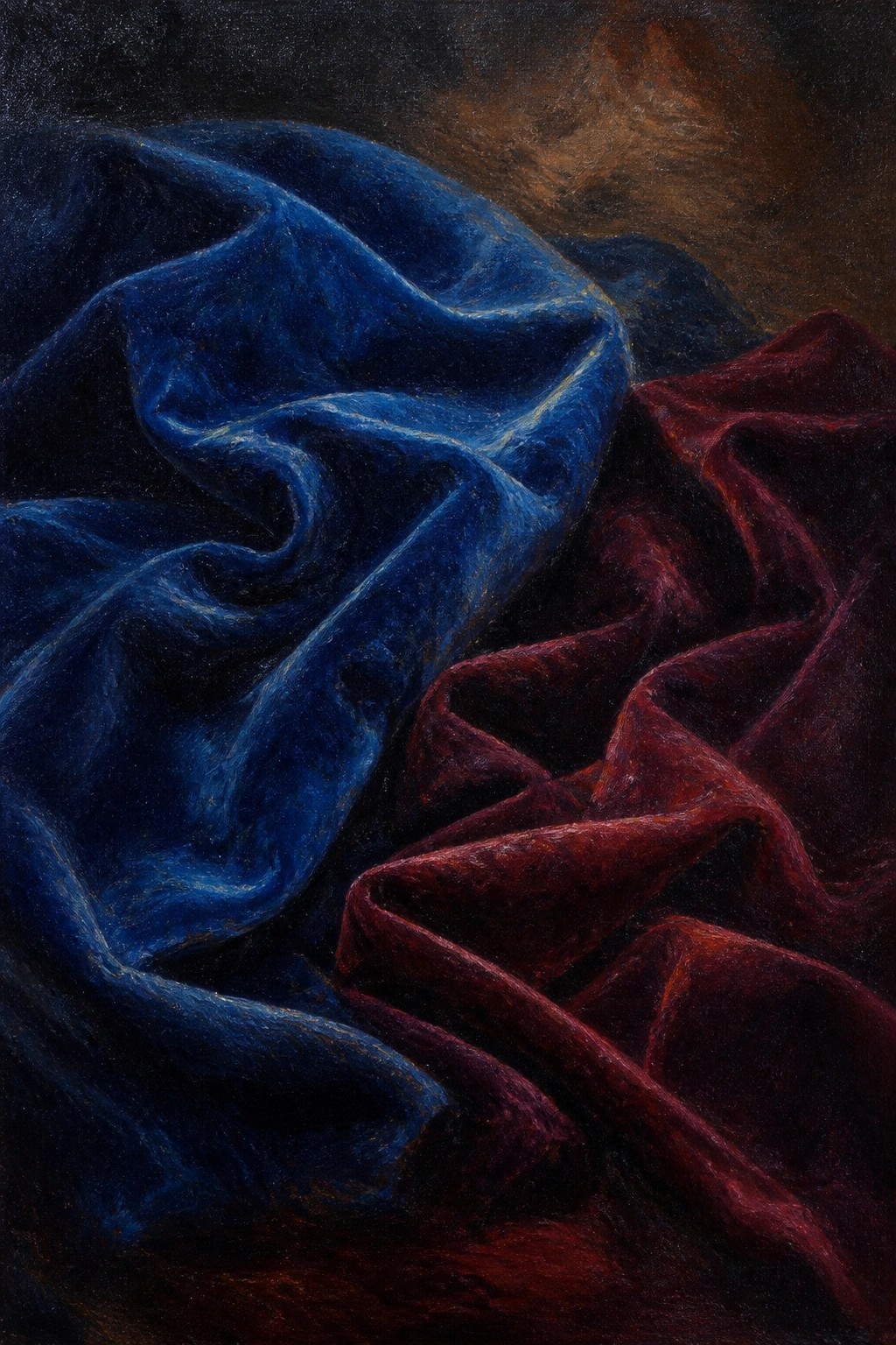 Draped blue and red velvet fabrics with deep folds on a dark background.