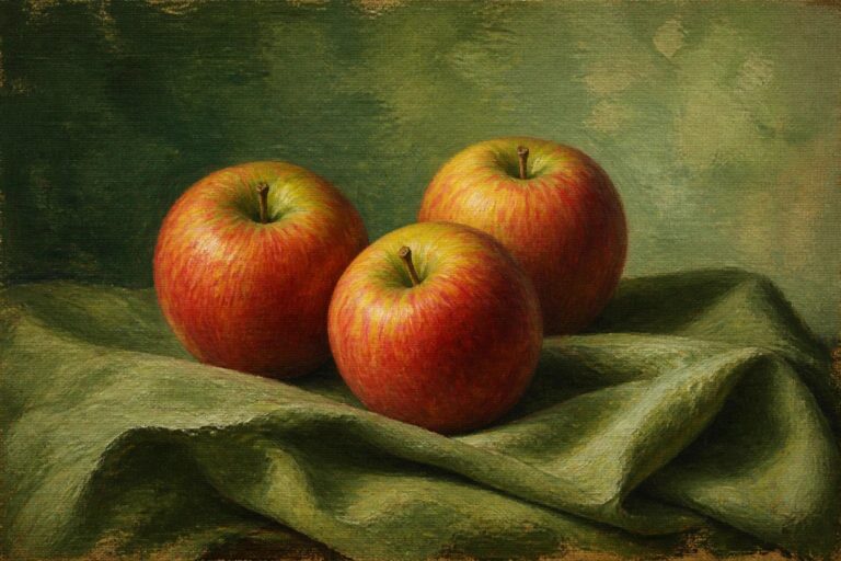 22 Creative Oil Painting Practice Ideas for Improving Color Mixing and Texture Three red-yellow apples on rumpled green fabric in an oil painting.