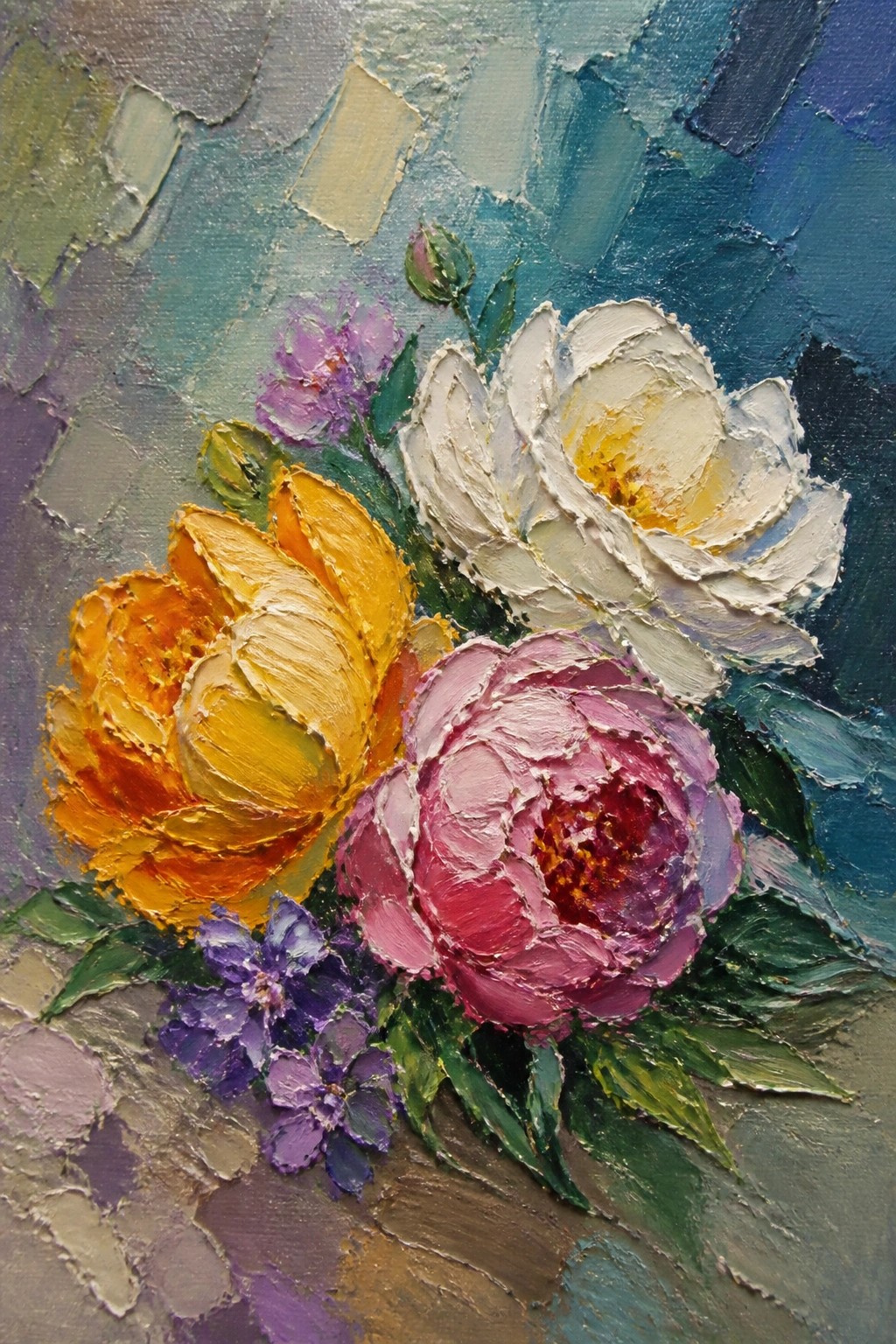 Oil painting of white, pink, orange, and purple flowers with thick textured brushstrokes against a blue and green background.