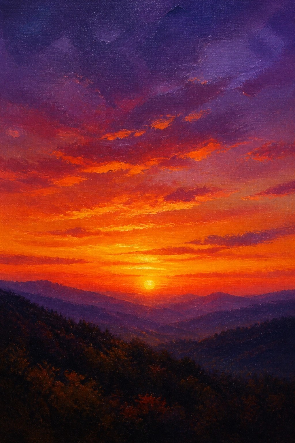 Vibrant sunset with fiery orange-red clouds over layered mountain silhouettes
