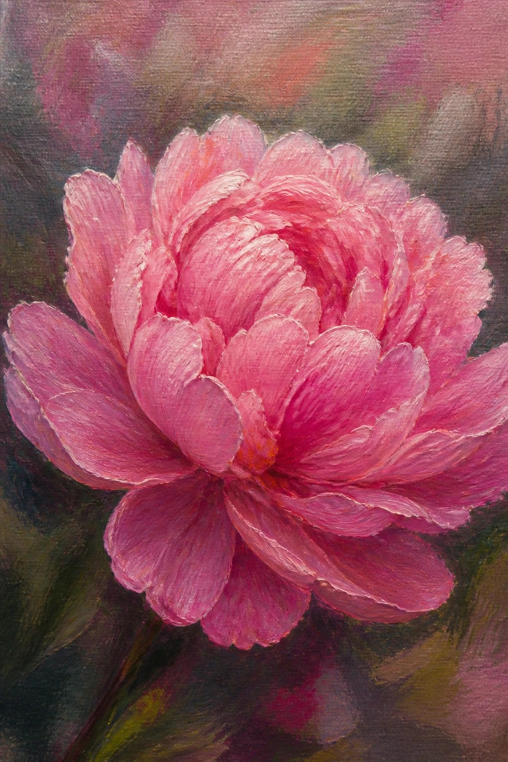 Pink peony with layered ruffled petals in textured oil painting style