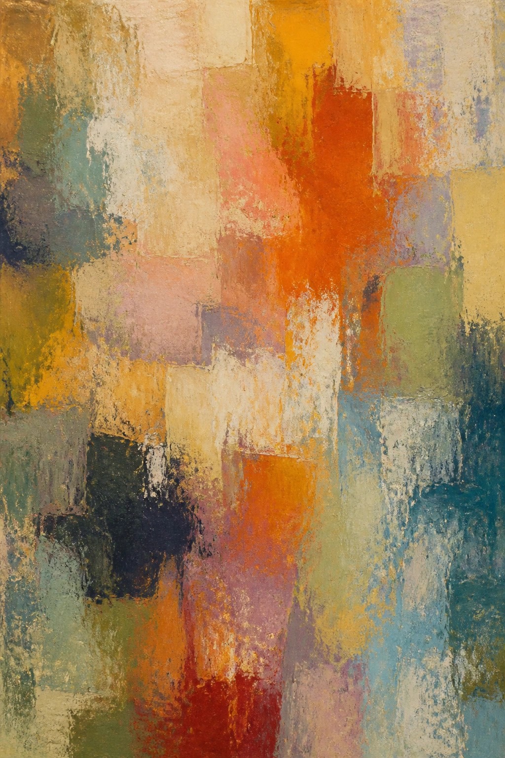 Abstract painting of textured colorful rectangles in orange, blue, green, and red