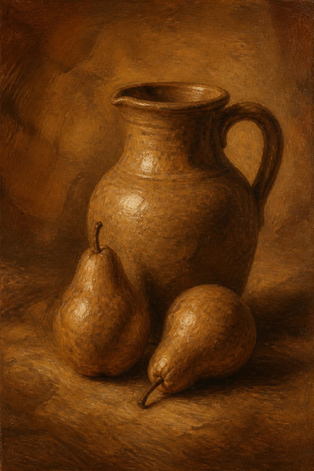Textured brown pitcher with two pears on a dark wooden surface