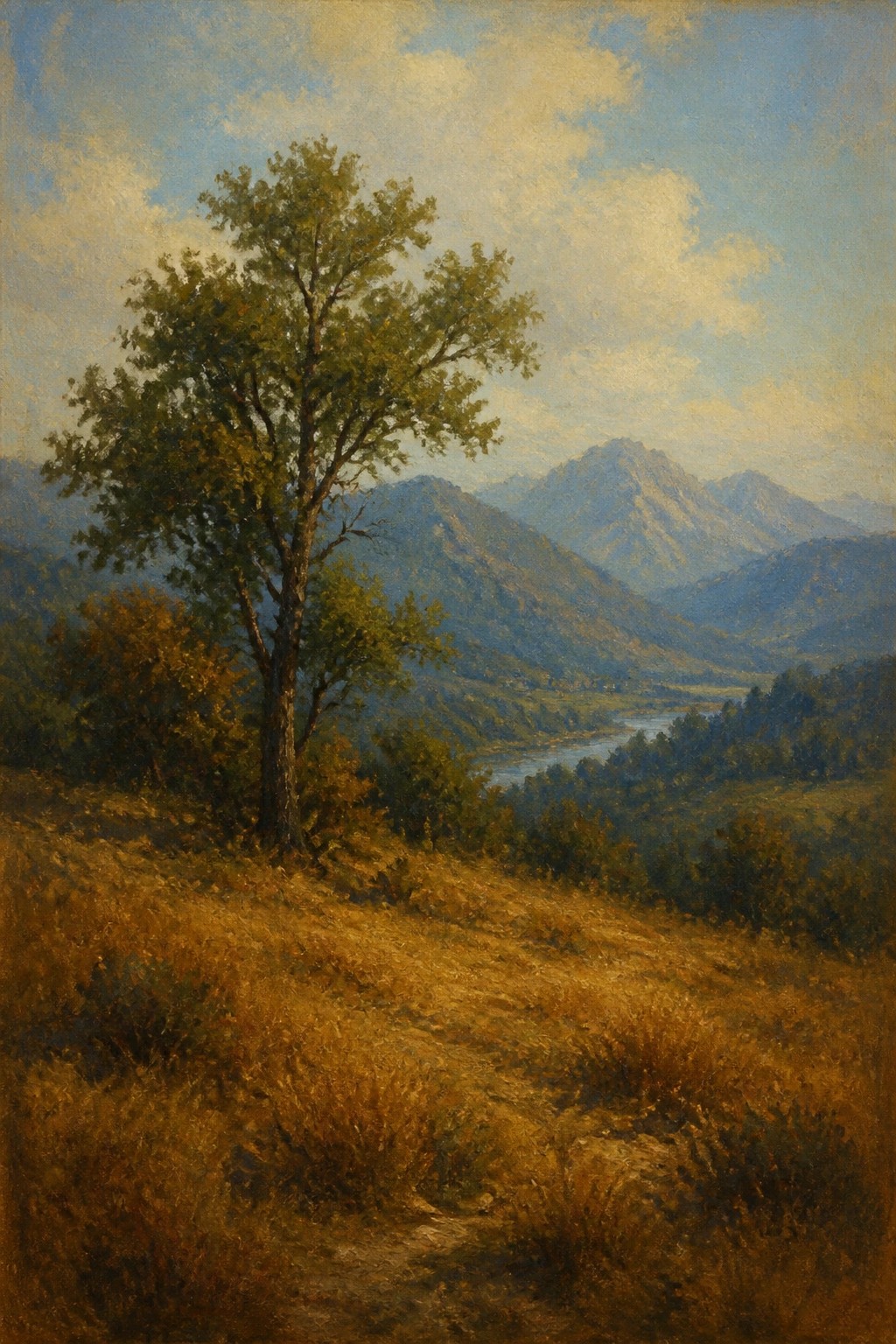 Lone tree on autumn hillside overlooking winding river and distant mountains