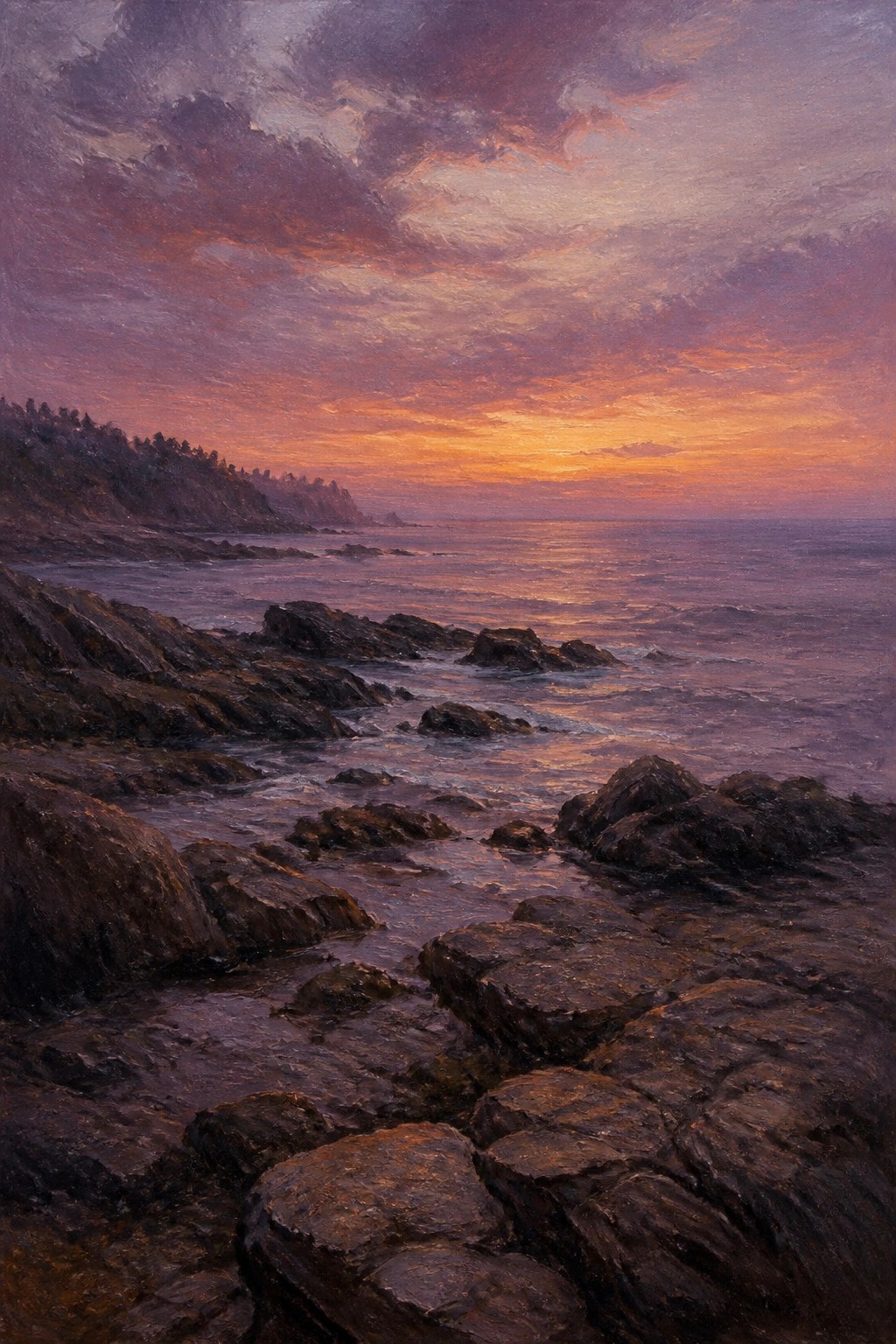 Rocky coastline at sunset with purple-orange sky, cliffs, and ocean waves