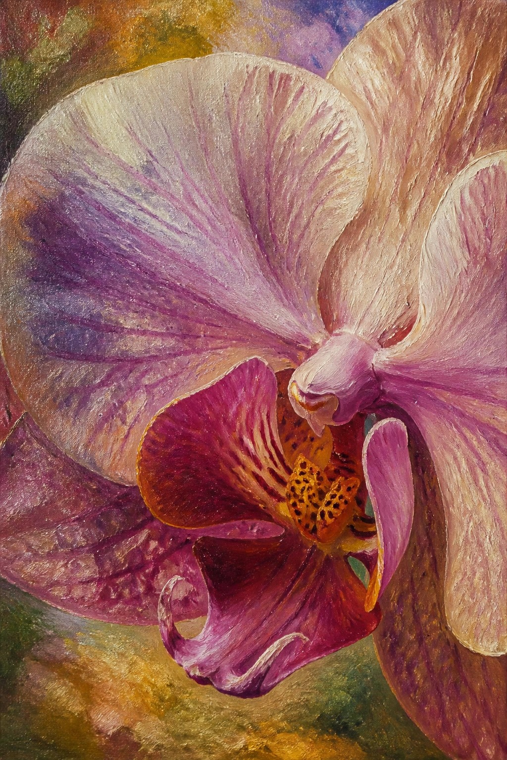Vibrant purple orchid in bloom with veined petals and spotted yellow center.