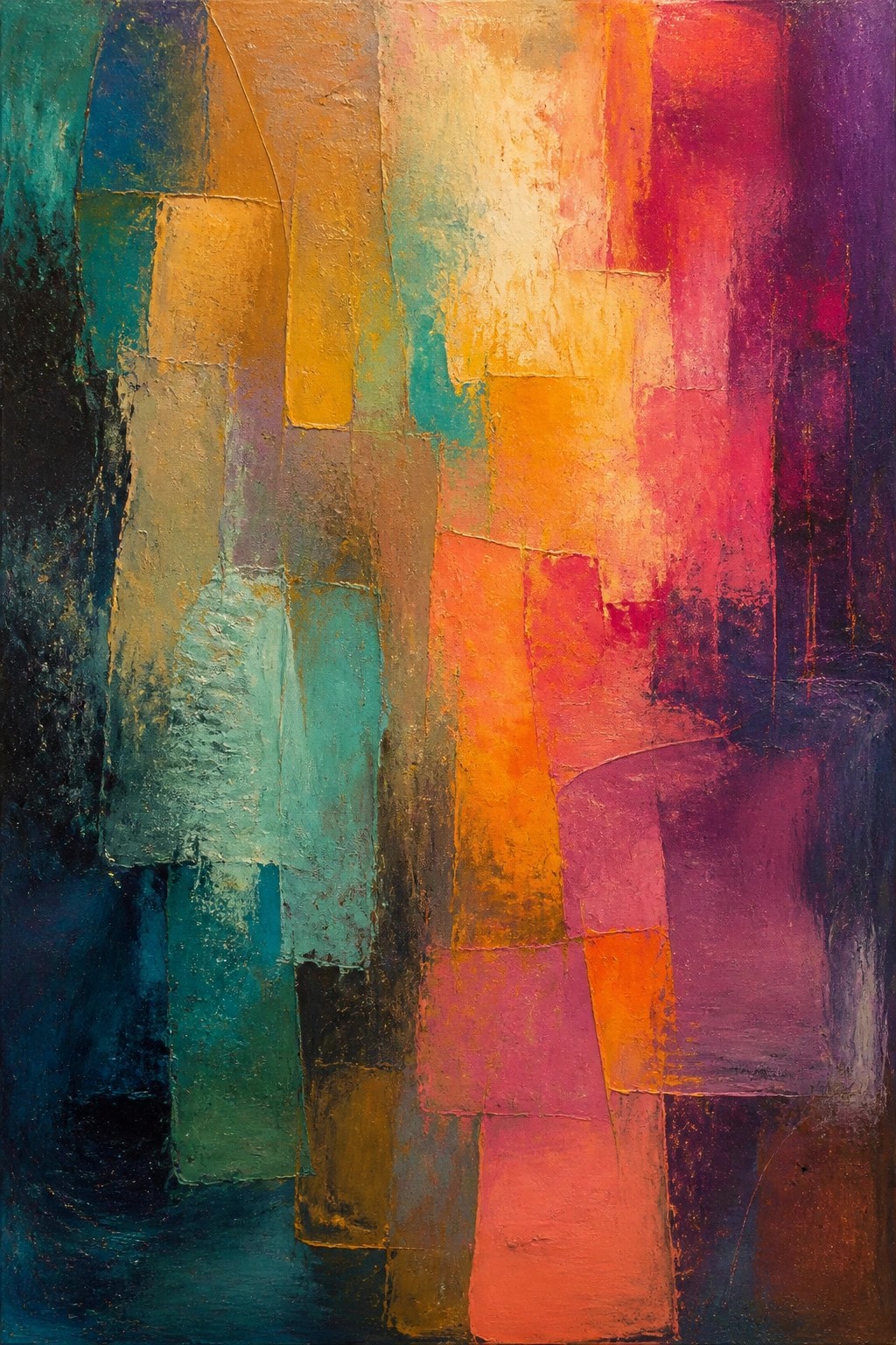 Vibrant abstract painting of overlapping rectangular shapes in bold colors