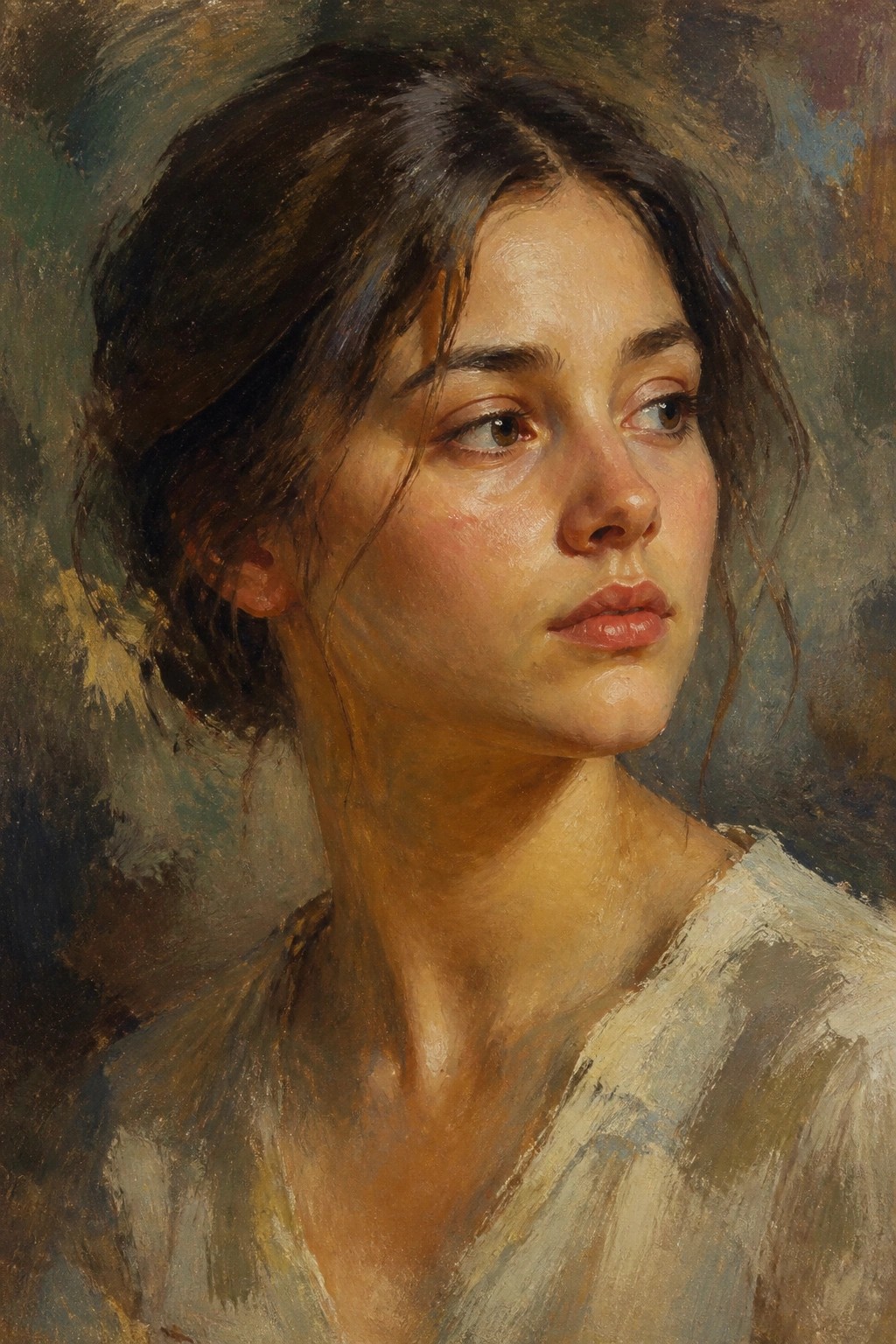 A realistic oil painting of a young woman with dark hair looking to her right against a textured background.