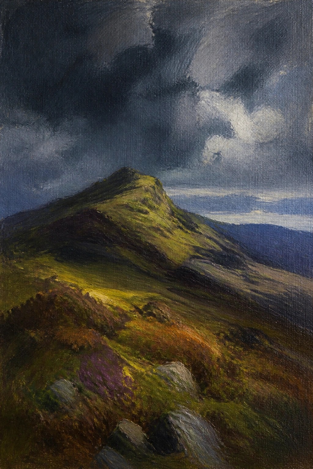 Stormy sky over green mountain with purple heather and foreground rocks.