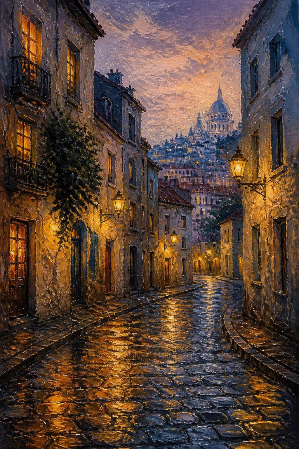 An oil painting of a narrow wet cobblestone street at dusk with glowing street lamps and old buildings leading to a domed hilltop structure in the background.
