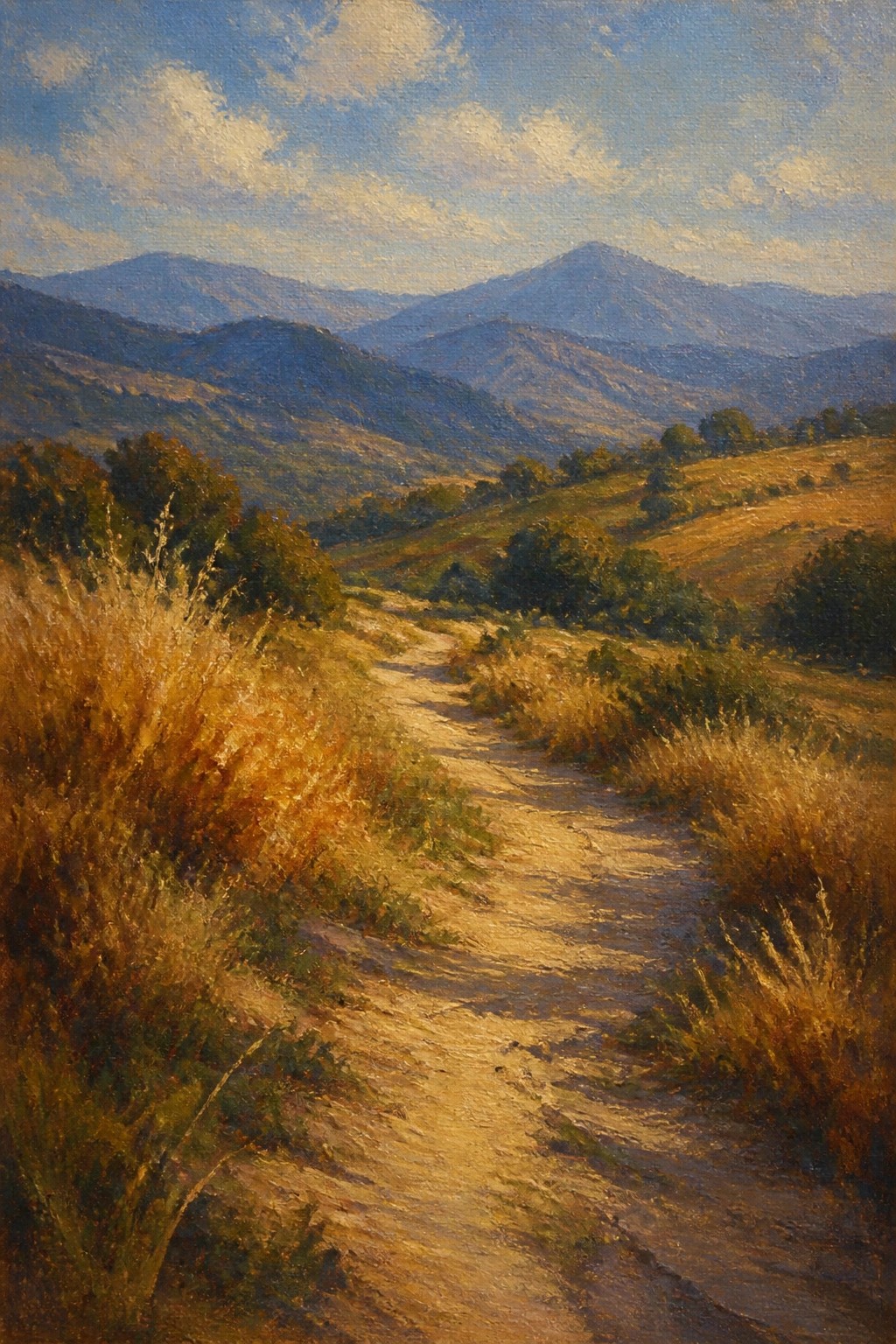 Sunlit dirt path winding through golden hills toward distant blue mountains