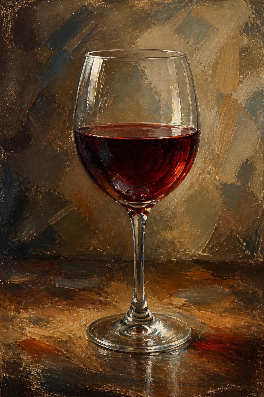 Realistic painting of a half-filled red wine glass on a dark surface.