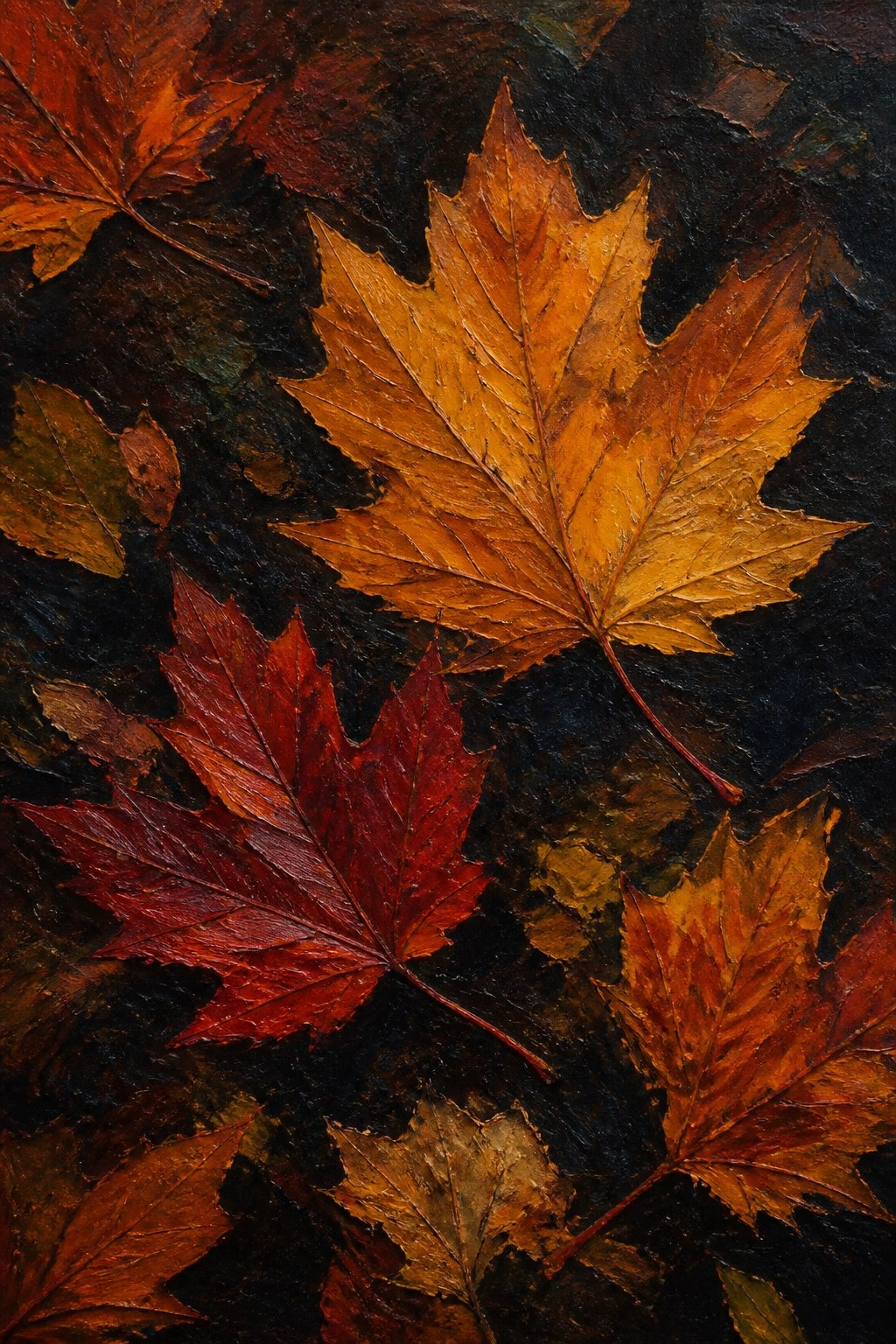 Vibrant orange, red, and yellow maple leaves overlapping on dark textured background.