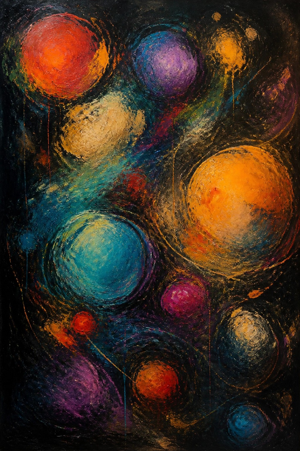 Vibrant abstract painting of colorful textured spheres floating in dark cosmic space