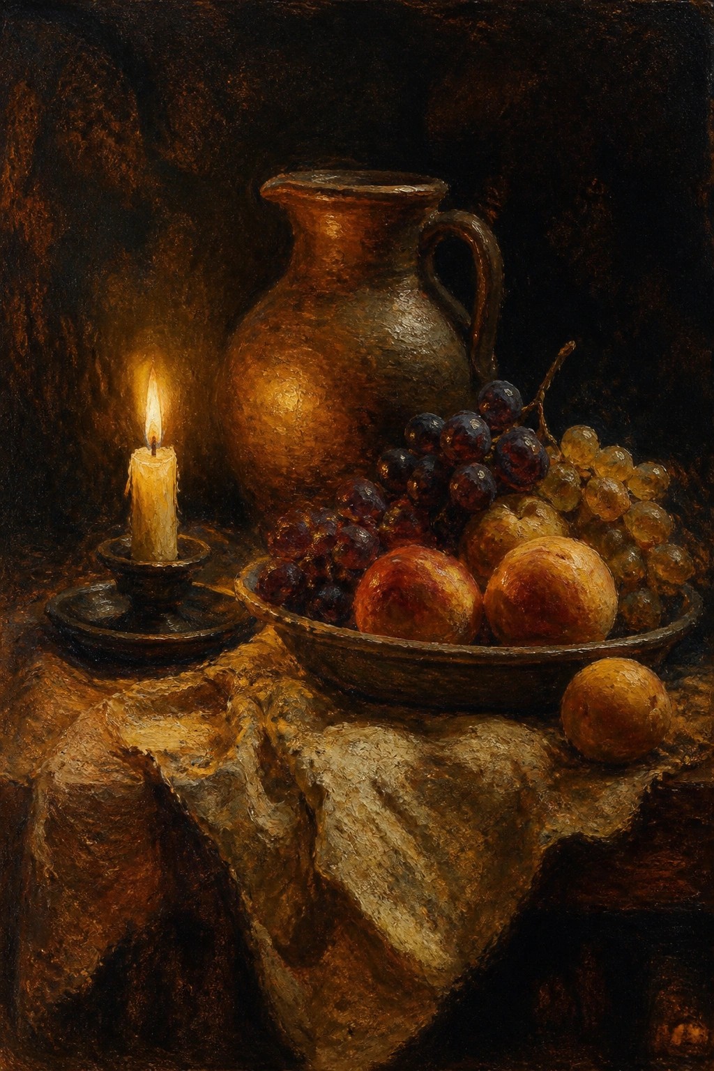 Lit candle beside brown jug and bowl of grapes, peaches on draped cloth