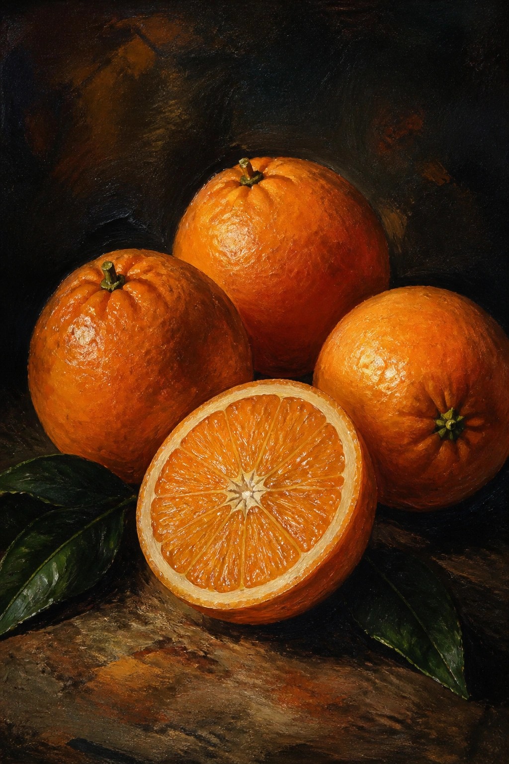 Three whole oranges and one halved with green leaves on dark wood