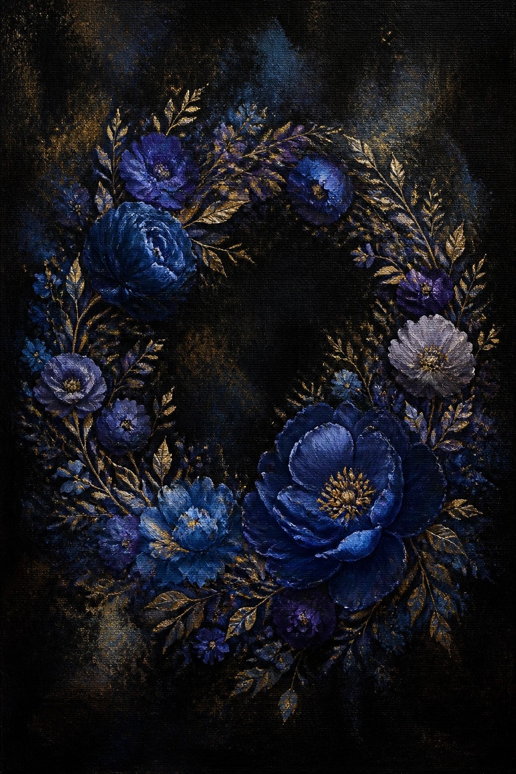 A circular wreath of blue and purple flowers with gold leaves on a black canvas.