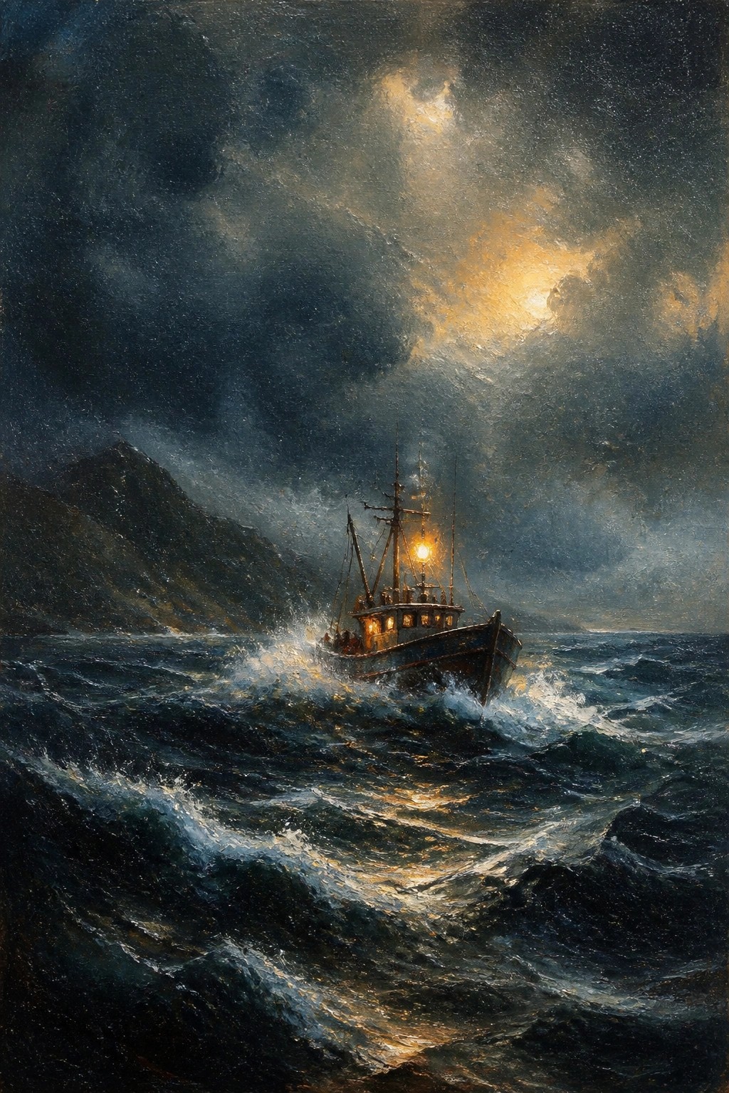 A fishing boat with lights on moves through dark, churning waves under a stormy night sky with moonlight breaking through the clouds.
