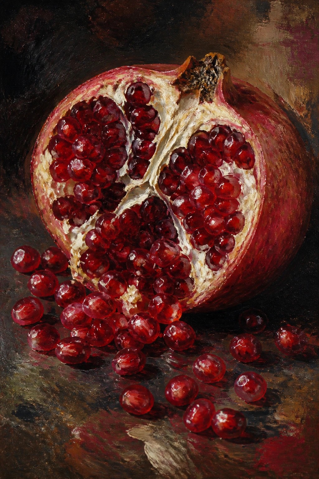 Broken pomegranate spilling glossy red seeds across a dark painterly surface
