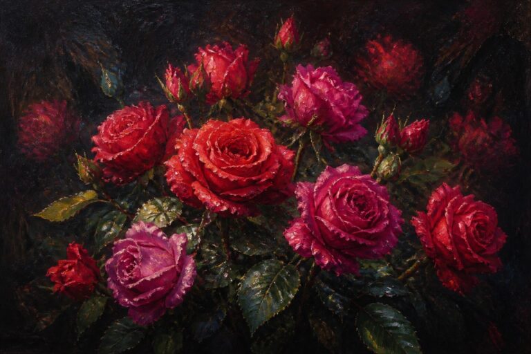 Vivid red and magenta roses with buds and green leaves against dark background