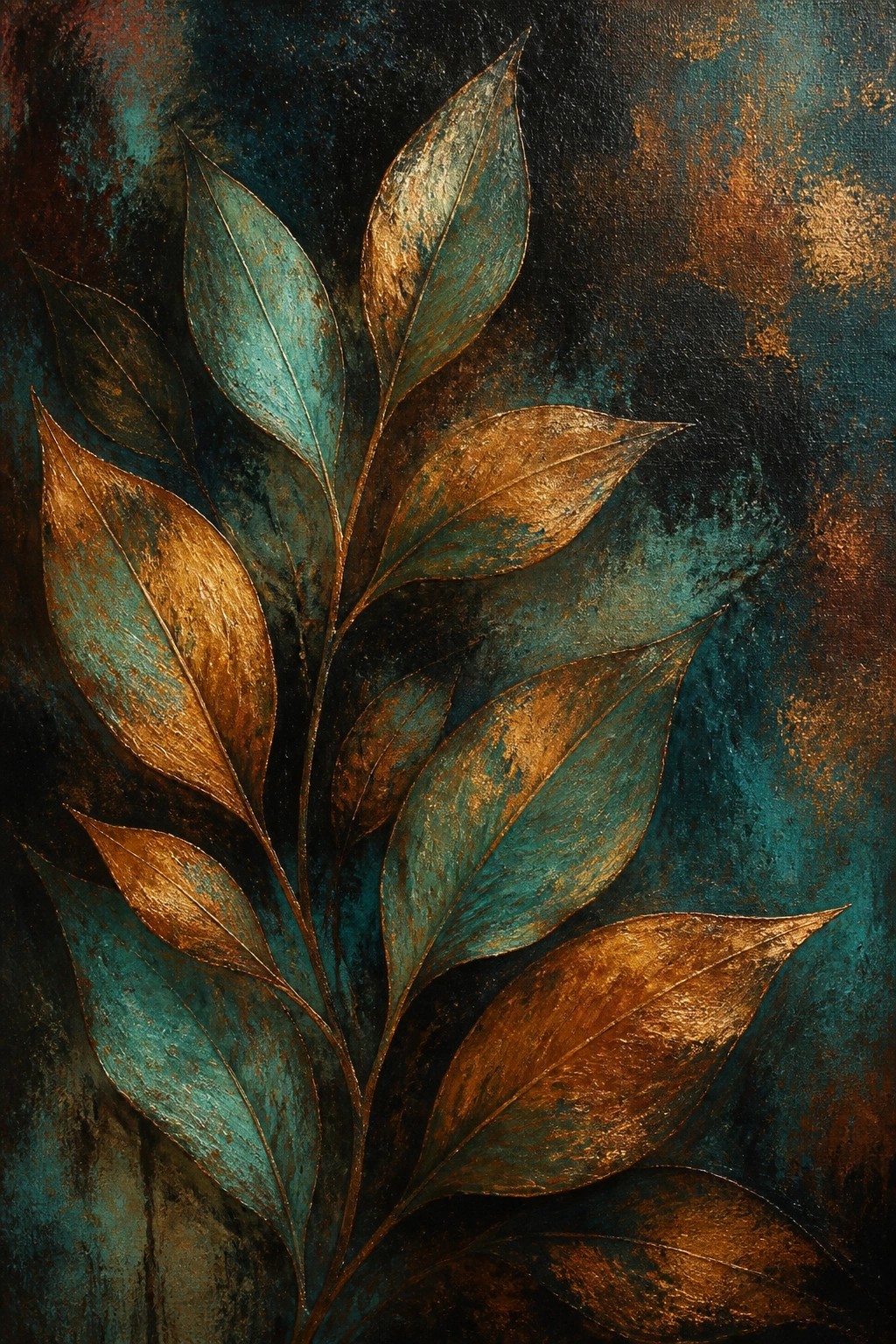Metallic teal and gold leaves on a dark textured abstract background
