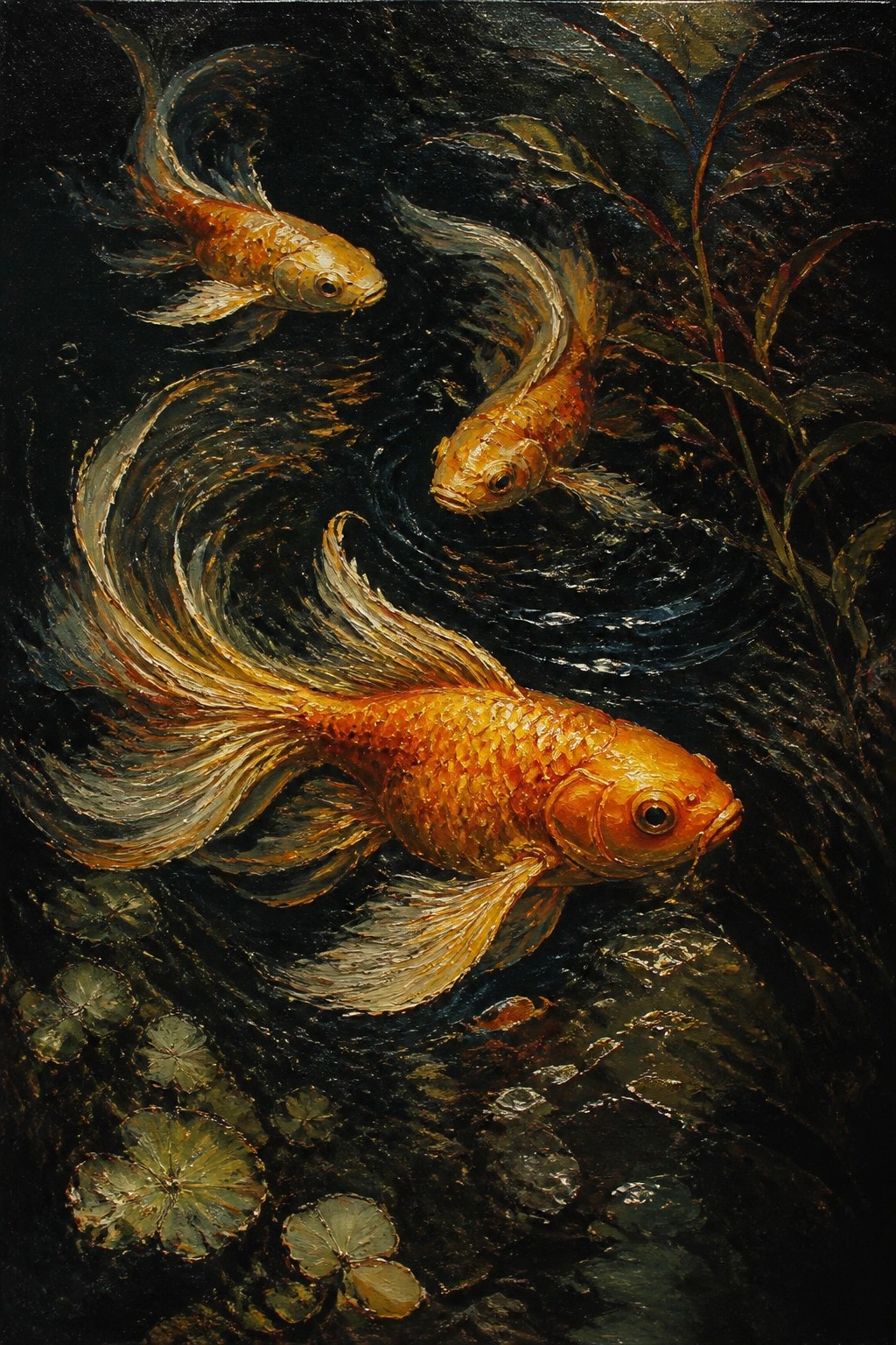 Three golden fish swimming in dark swirling water amid lily pads