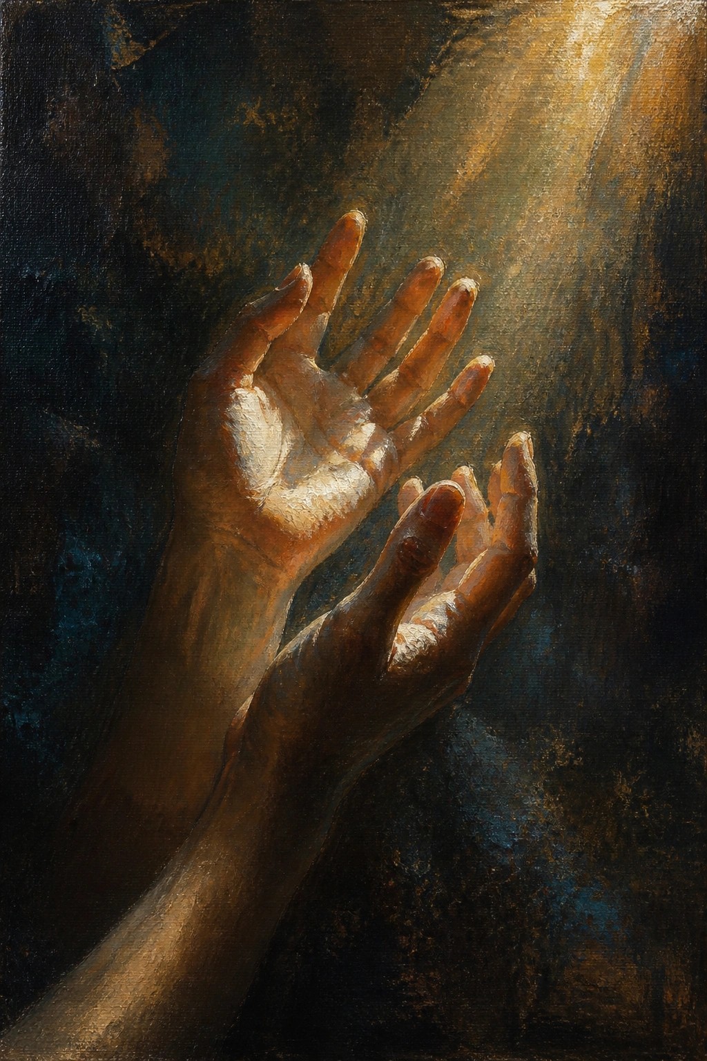 An oil painting of two hands reaching upward into a bright beam of light against a dark textured background.