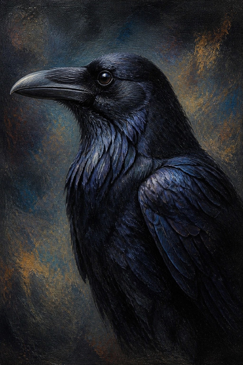 Profile of a black raven with glossy blue-tinged feathers on a dark abstract background