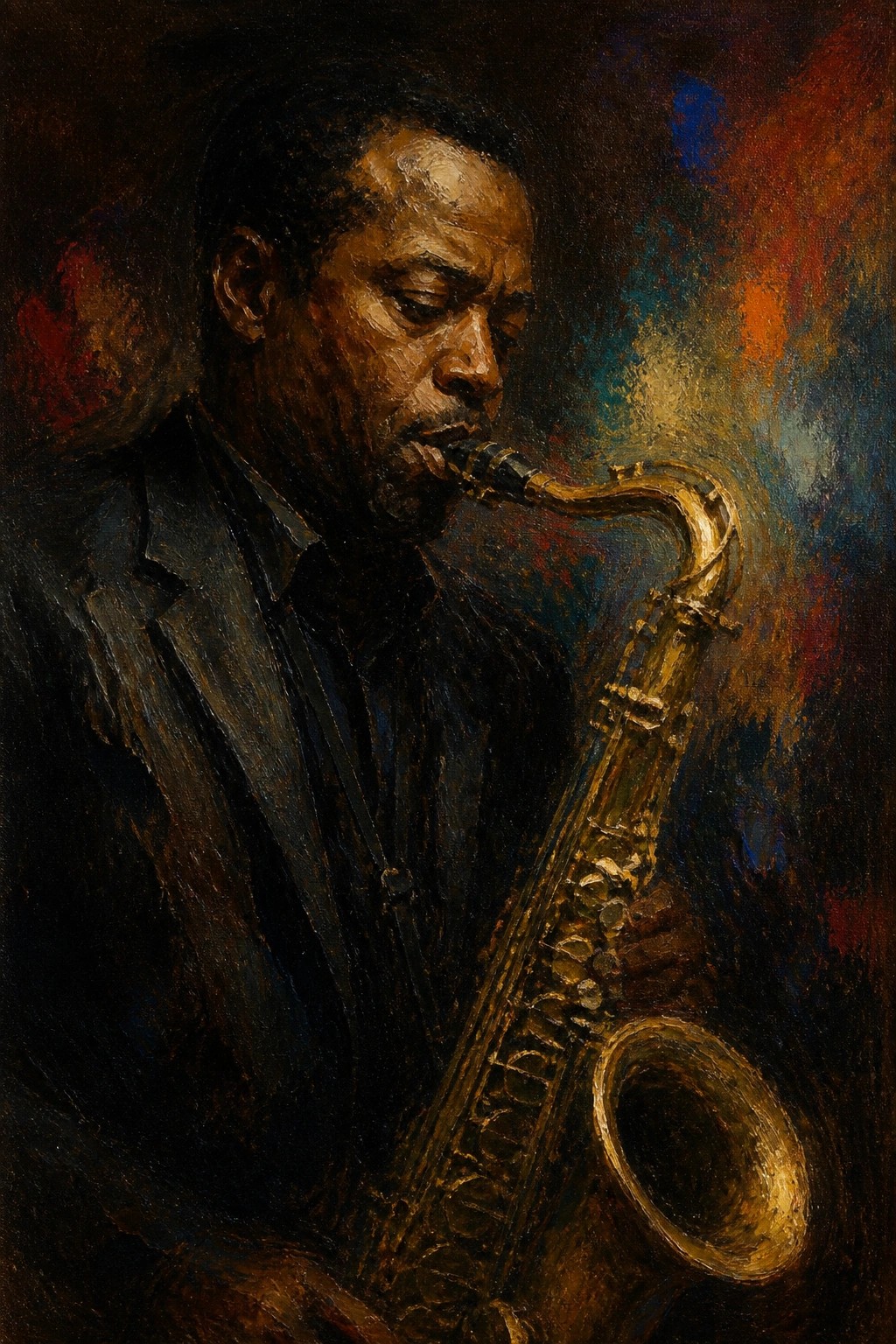 A realistic oil painting of a man playing a saxophone against a dark, colorful abstract background.