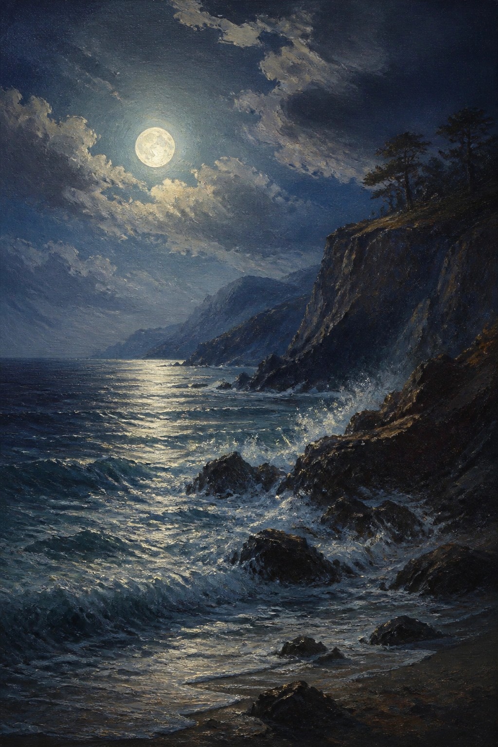 Full moon over crashing waves on rocky cliffs under cloudy night sky