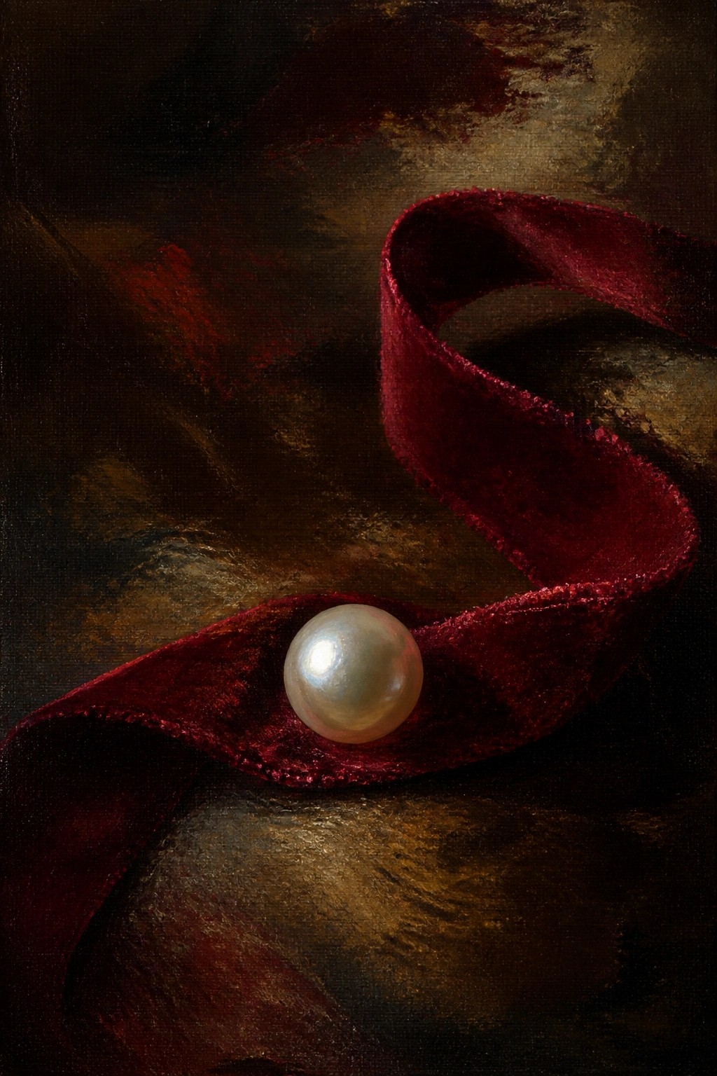 Luminous pearl on curving red velvet ribbon against dark painterly background
