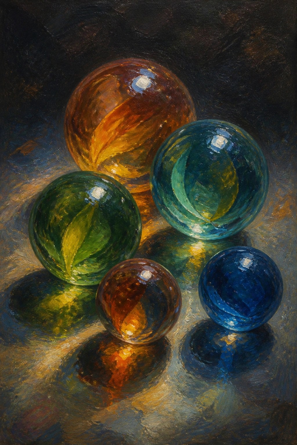 Vibrant painting of five translucent glass spheres in amber, green, blue, and teal