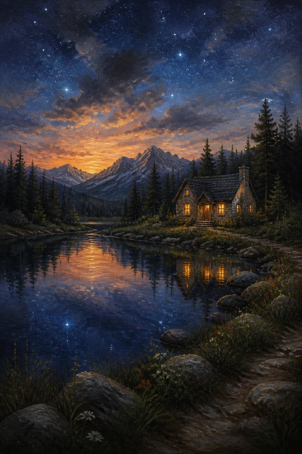 Stone cottage glowing by reflective lake under starry twilight mountain sky with pines