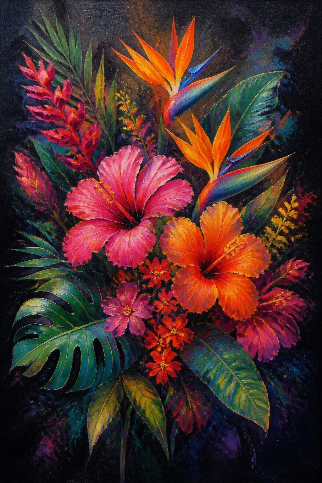 Vibrant tropical flowers including pink hibiscus, bird of paradise, and green monstera leaves