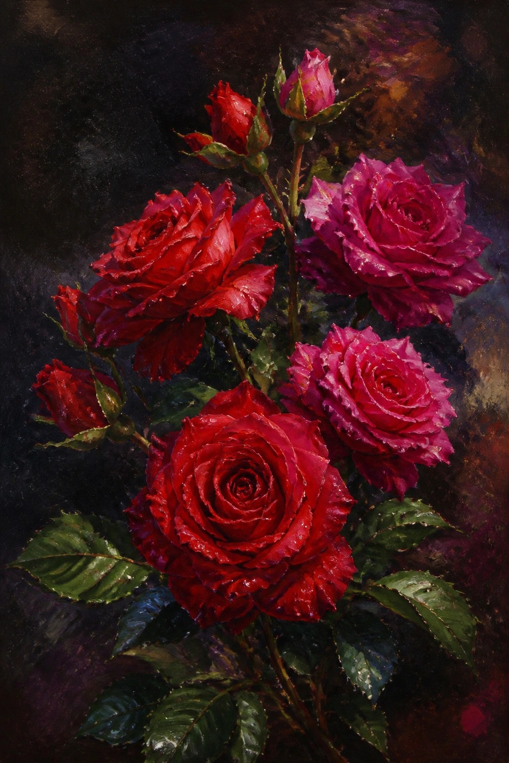 Vivid red and magenta roses with buds and green leaves against dark background