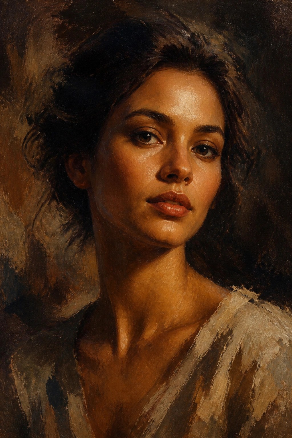 Realistic oil painting of a woman with dark hair and warm skin tones in close-up against a dark background.