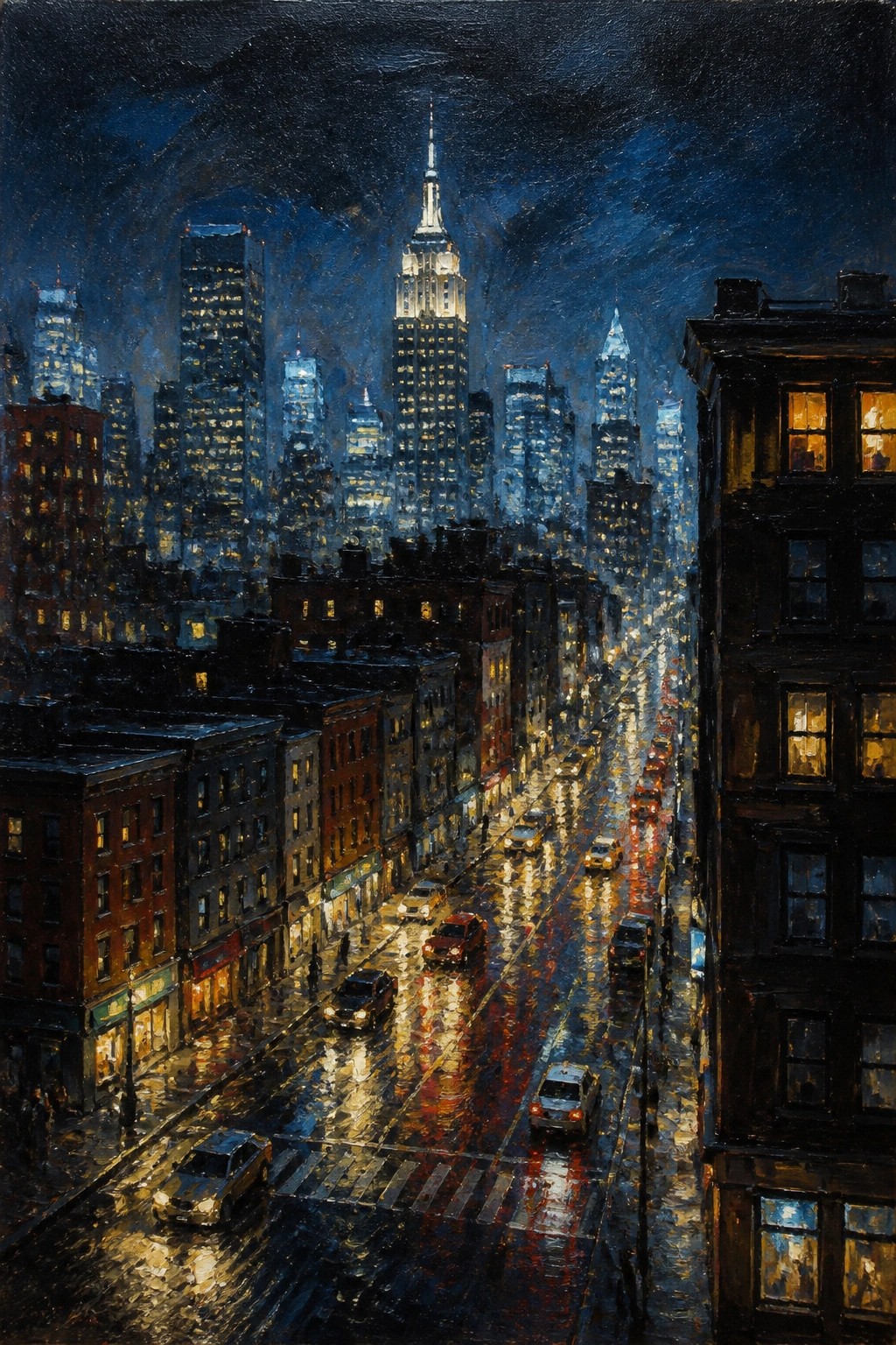 An oil painting of a rainy night city street with tall illuminated buildings, wet pavement reflecting red and white car lights, and the Empire State Building visible in the center.