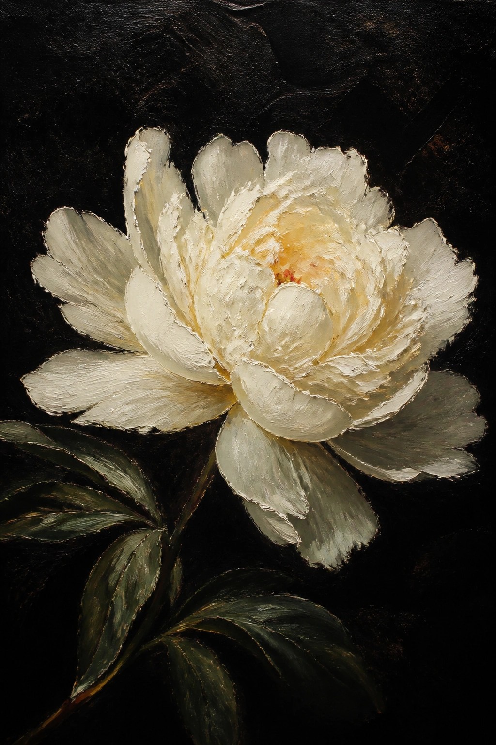 White peony with textured petals and green leaves on dark background