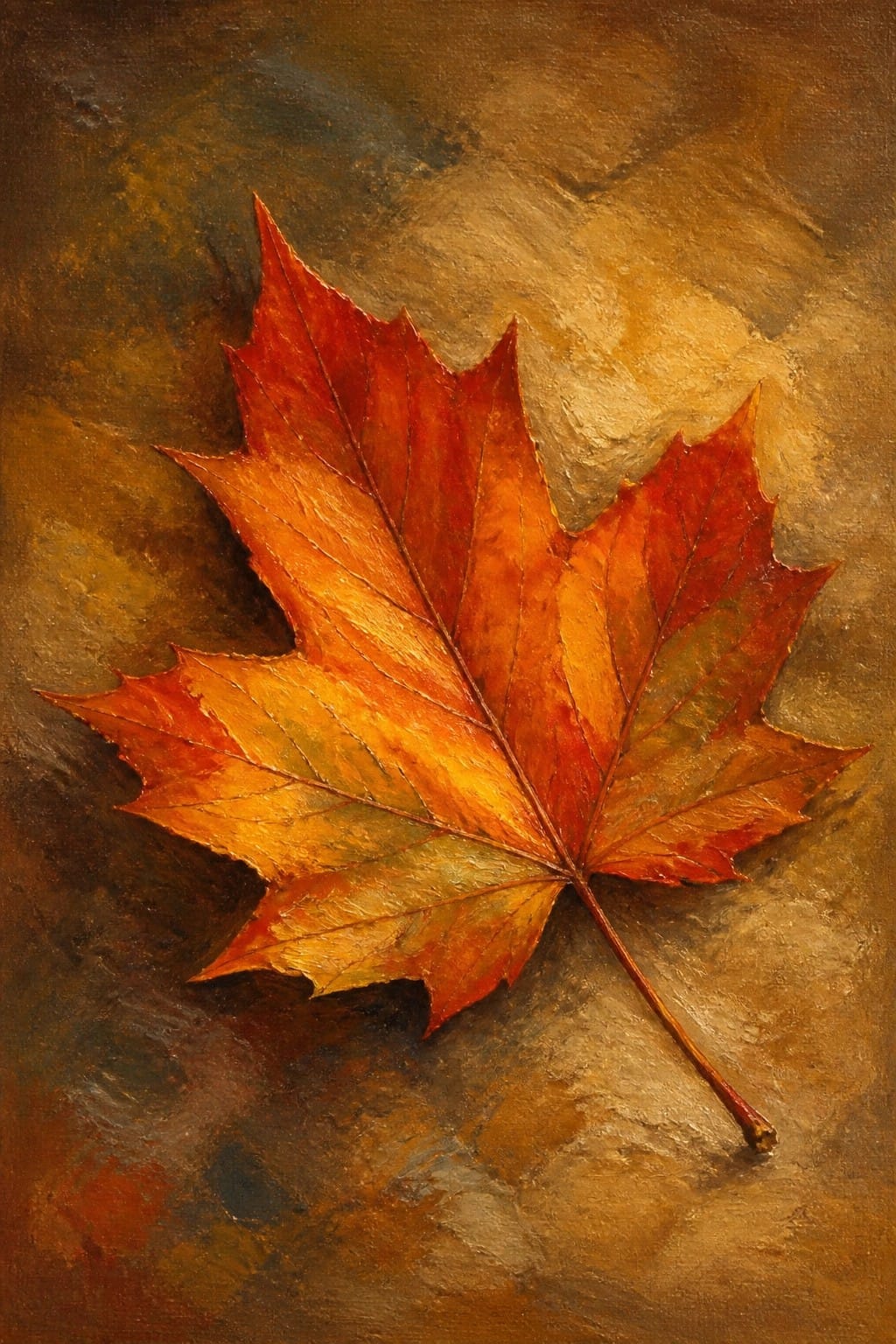 Vibrant red-orange maple leaf with stem on textured brown background