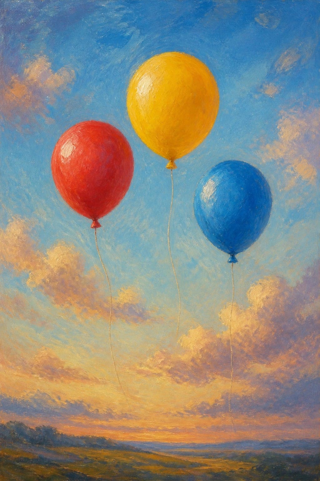 Three red, yellow, and blue balloons floating in a sunset sky with clouds